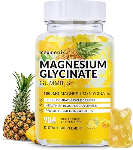 Miniatura 38 de Gomitas de glicinato de magnesio de 1000 mg, suplementos de magnesio y potasio masticables para adultos con L-treonato para dormir, apoyo corporal