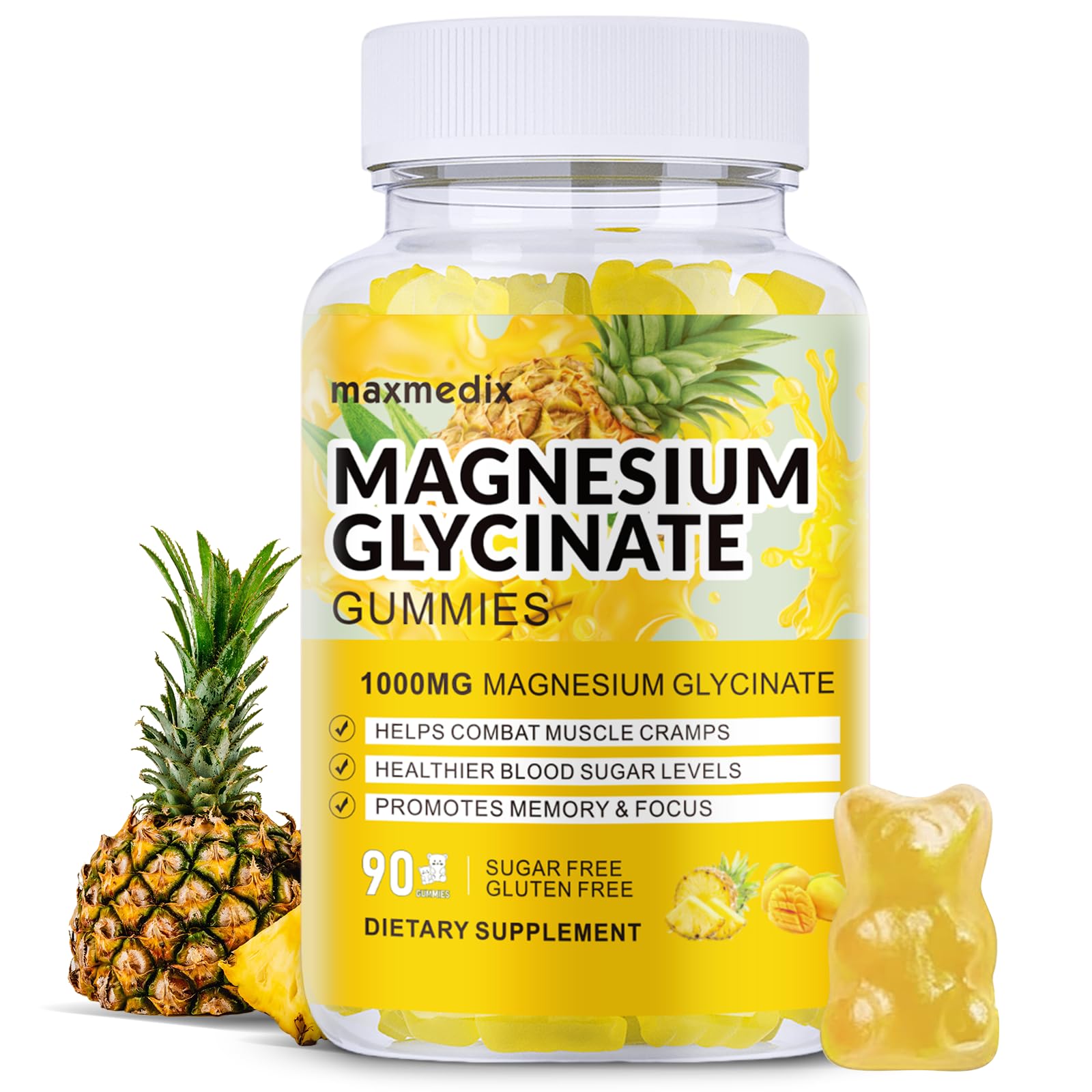 Magnesium Glycinate Gummies 1000mg, Sugar Free Magnesium Potassium Supplements Chewable for Adults with L-Threonate for Sleep, Body Support and Relaxation,90 Mango Pineapple Gummies