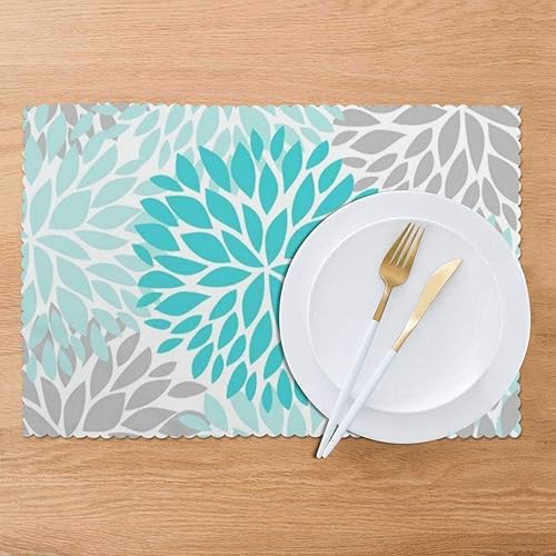 Miniatura 4 de Juego de 6 manteles individuales color azul turquesa y gris, manteles individuales lavables para cocina, comedor y hogar, 12 x 18 pulgadas