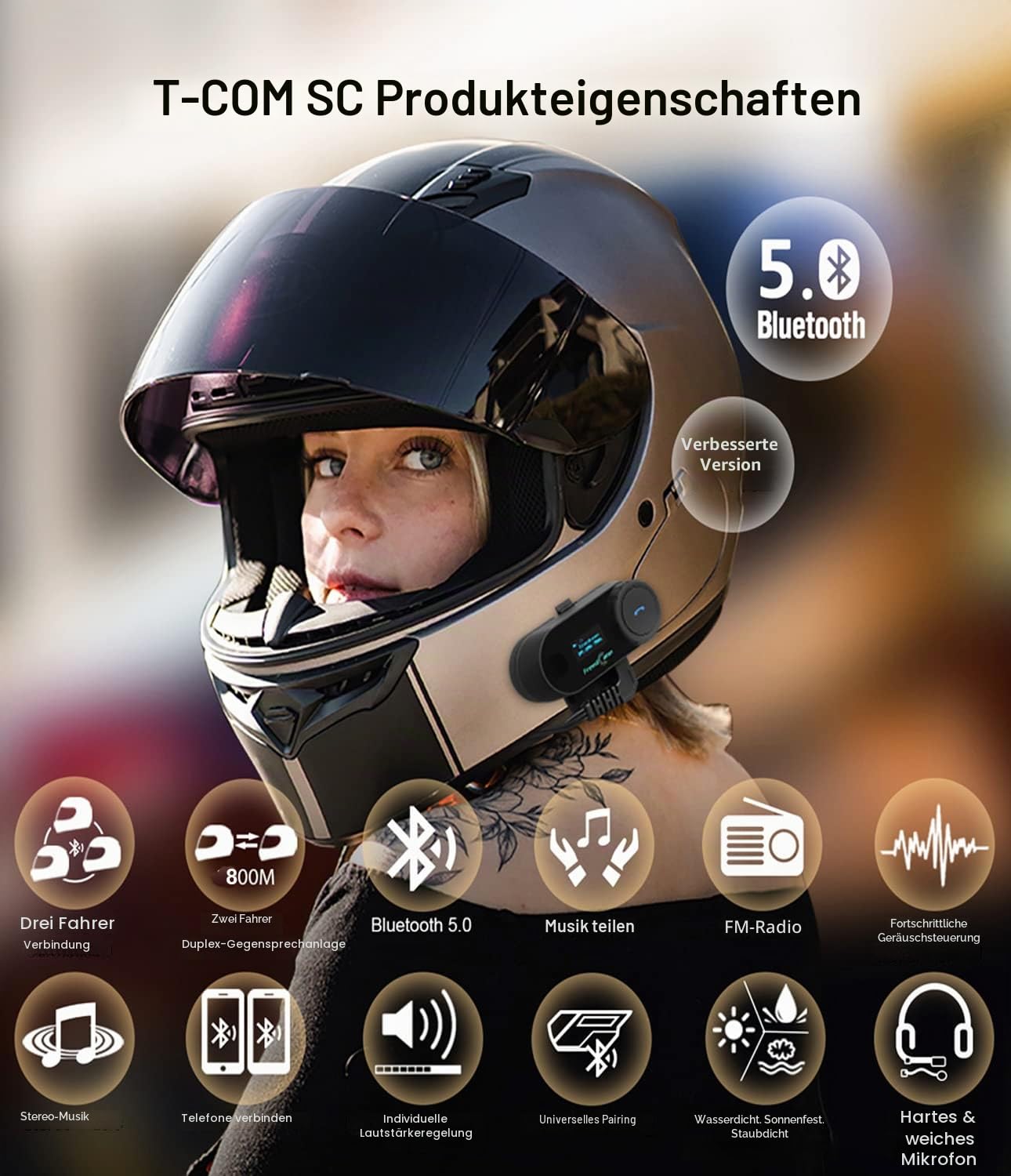 FreedConn Tcom-SC Intercom Motorrad Headset für 2 Personen Musik Teilen, Motorradhelm Kommunikationssystem 800M mit LCD-Bildschirm, Universelles Helm Bluetooth WasserdichtMatching 2-in-1-Mikrofon