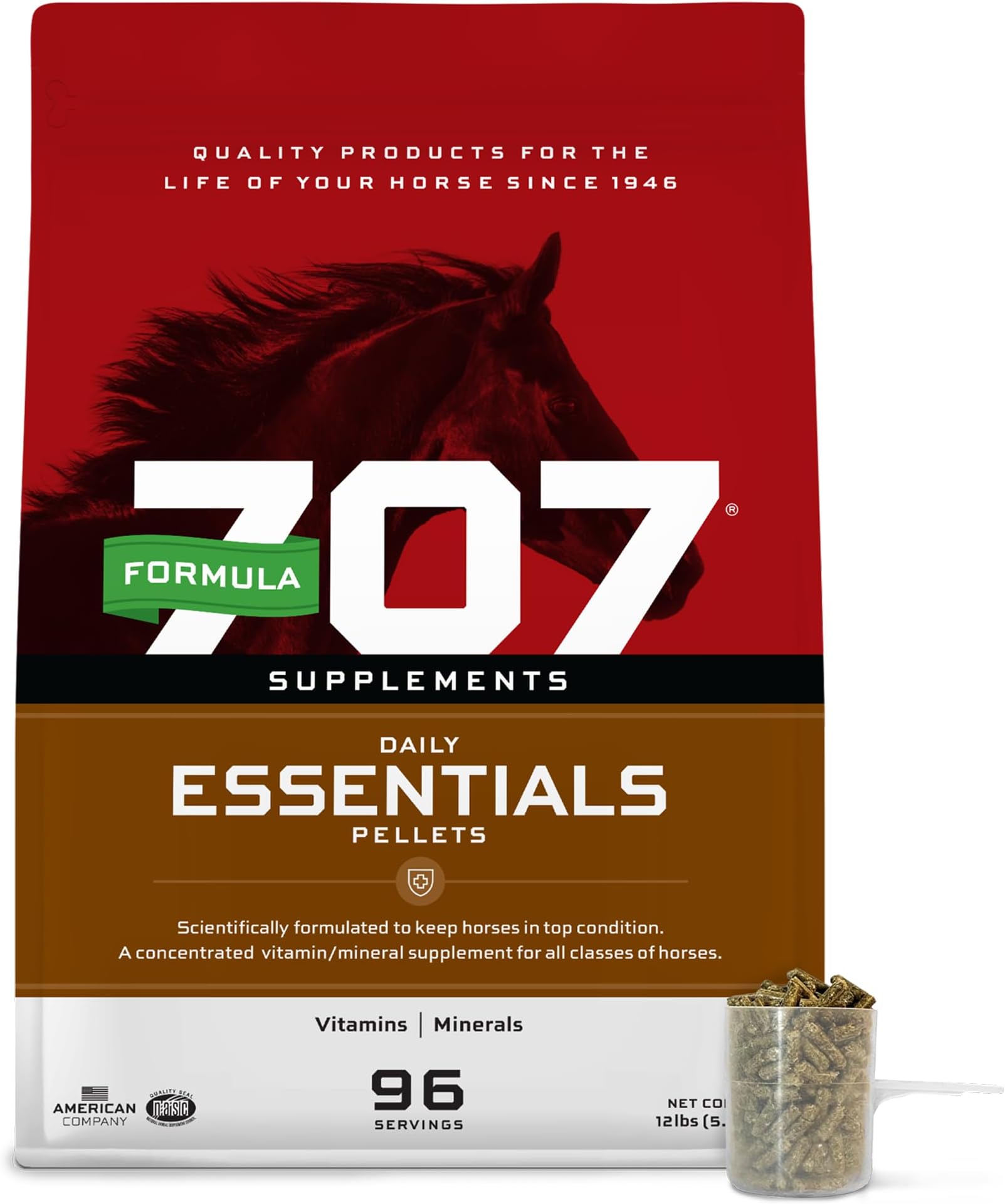 Formula 707 Daily Essentials Ration Balancer Supplement for Horses, 12 lb Bag – 96 Servings – Concentrated Complete Vitamin & Mineral Pellet