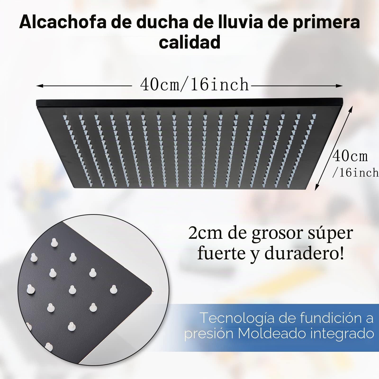 JunSheng Alcachofa de ducha LED de 16 pulgadas Alcachofa de ducha de lluvia cuadrada negra mate boquillas de silicona fáciles de limpiar grifo fijo para ducha