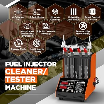 Fuel Injector Cleaning Machine, Cleaning Kit and 4 Cylinder Automatic Fuel Injector Tester, 9 Test Modes, Ultrasonic Cleaning Kit for Injectors