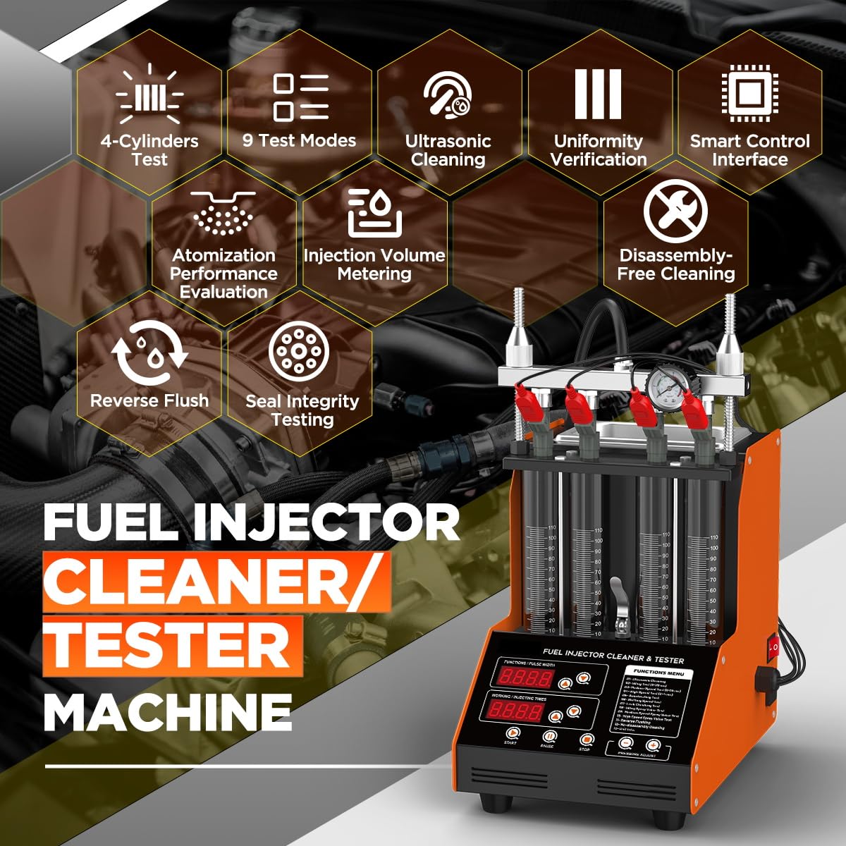 Máquina limpiadora de inyectores de combustible, 4 cilindros, 9 modos de prueba, probador y kit de limpieza, kit de limpieza ultrasónica para inyectores de motocicleta de 5 V a 12 V
