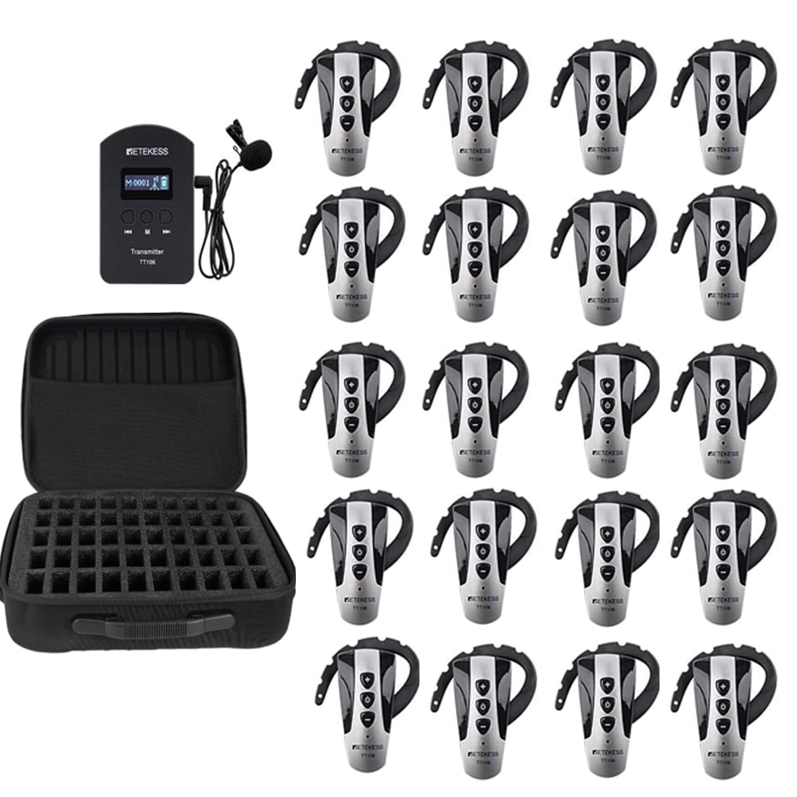 Retekess TT106 Tour Guide Audio System, Whisper System, Lightweight, 50-Port Carry Bag, Right Ear Hook Receiver, Assistive Listening Devices for Church, School (1 Transmitter 20 Receivers)