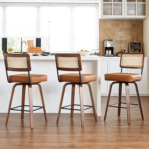 Swivel Counter Height Bar Stools Set of 3,Mid Century Modern Barstools with Rattan Back,27 inch Seat Height Solid Wood Kitchen Island Stools,Brown Faux Leather Upholstery Bar Chairs