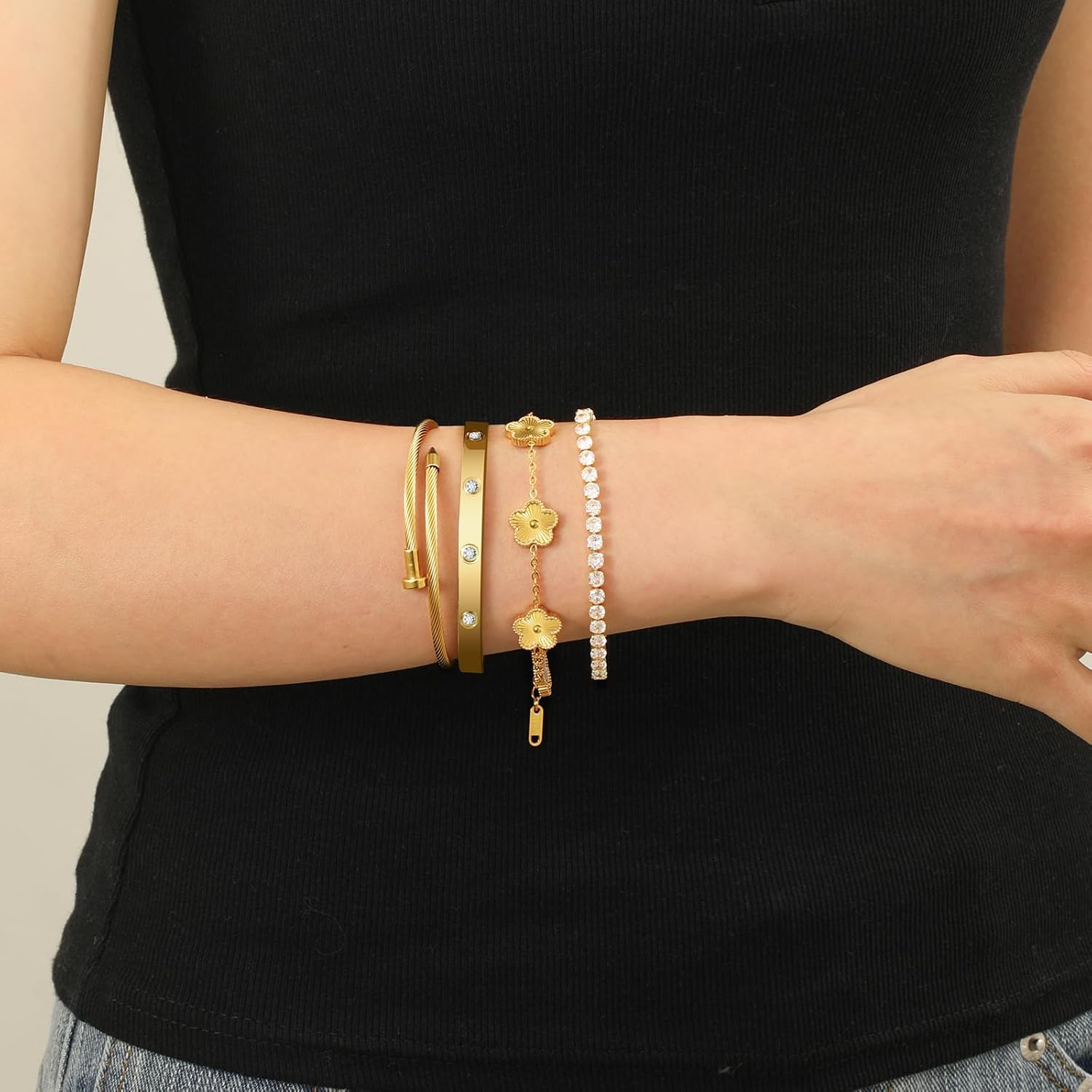 18K Gold Plated Womens Stackable Floral Bracelets Set,Twisted Cable Bangle,Trendy Jewelry,Waterproof adjustable bracelet,Christmas Birthday Gifts for Girlfriend or Mother. - Image 2