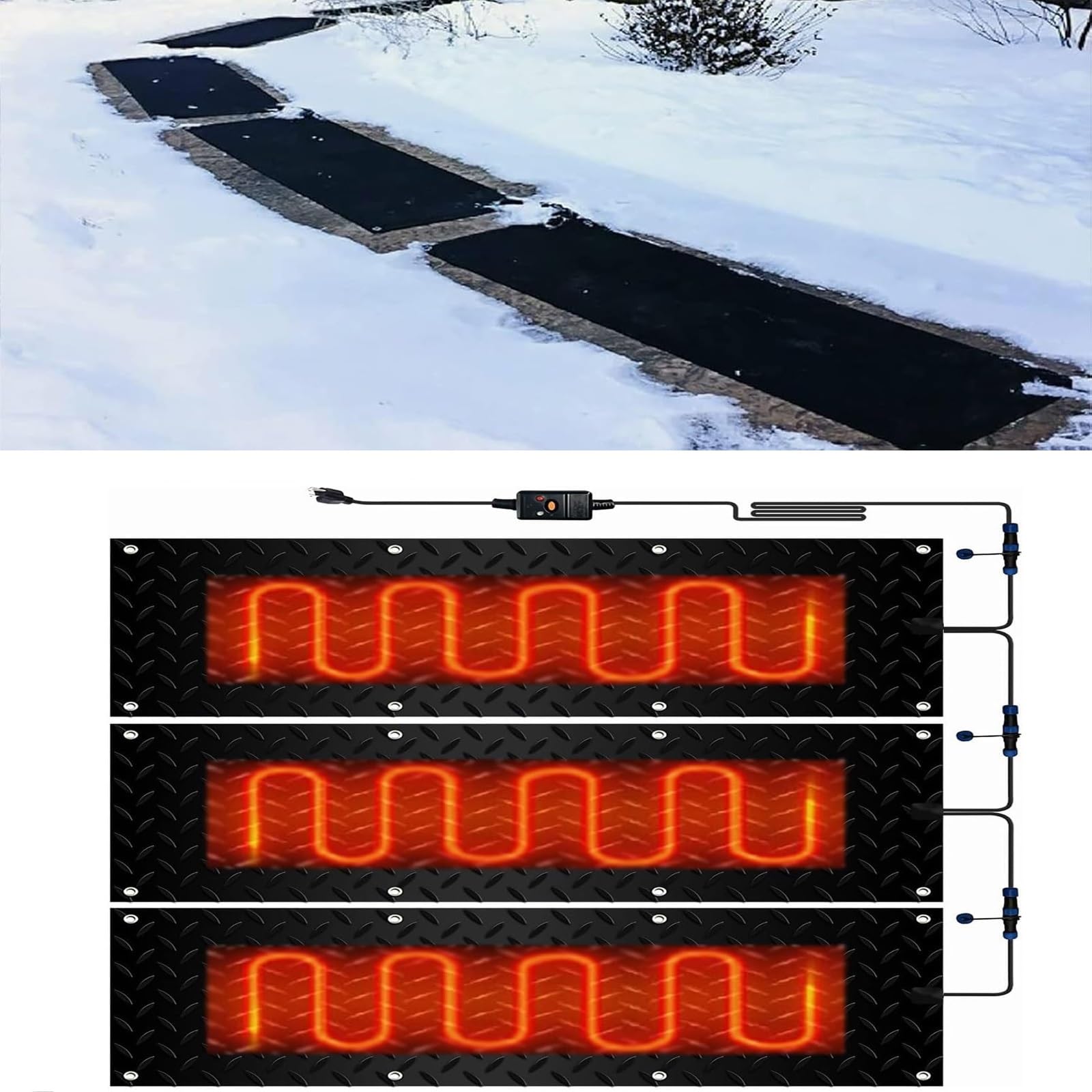Tappetini per sciogliere la neve per ingressi e scale all'aperto, velocità di fusione di 5,1 cm/h, con cavo di alimentazione, gomma impermeabile antiscivolo (30 x 60 cm, 3 pezzi)