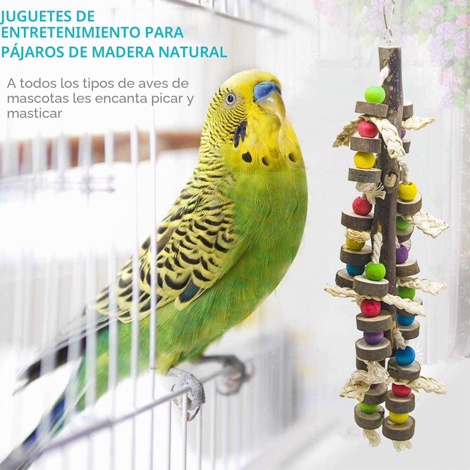 Juguetes de Ave Colorida para Masticar, 7 Piezas Pájaro Columpio de Juguetes, percada de Madera y Escalera, Colgar Juguetes de Jaula de Pájaro para Periquito Cockatiel Conure Guacamayo