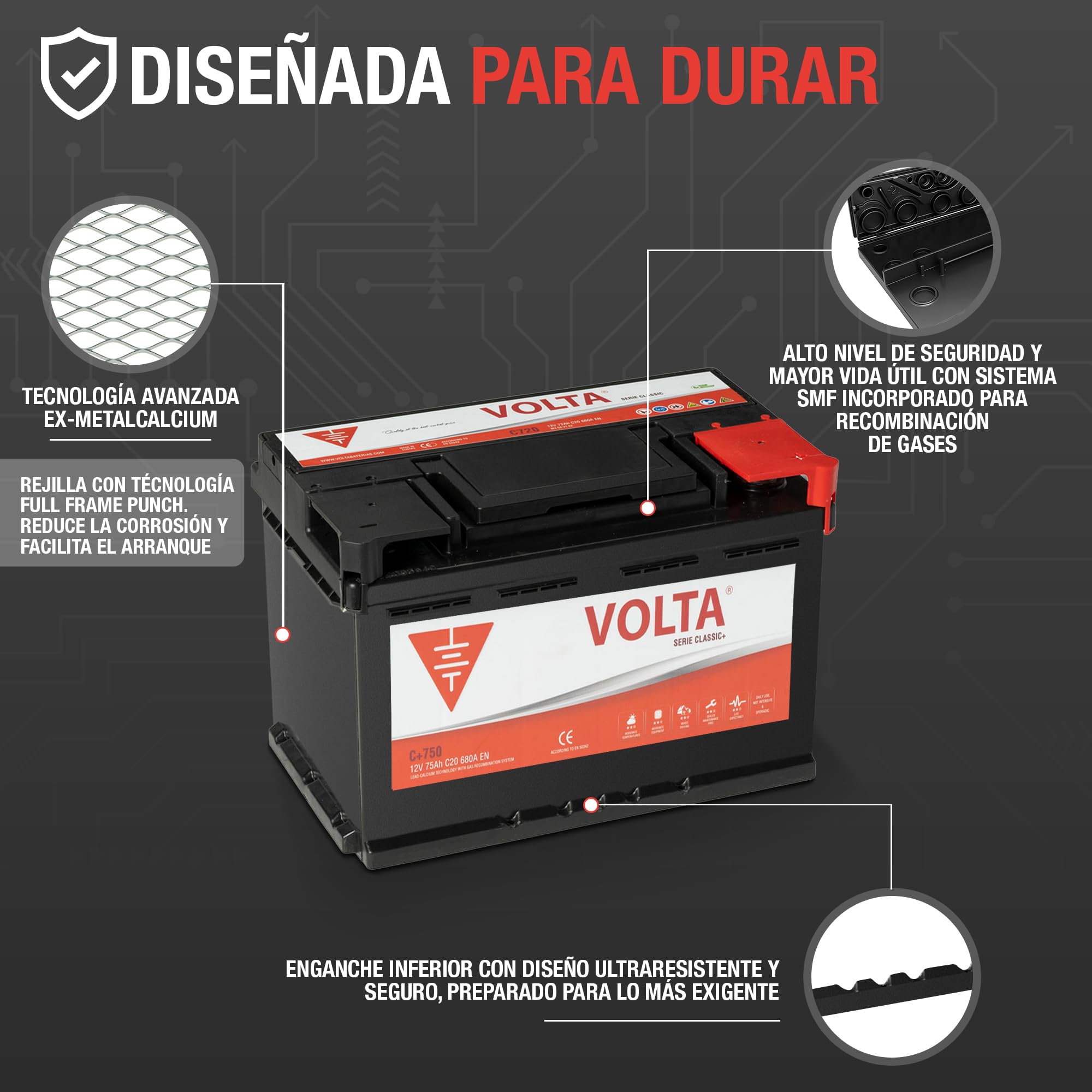 Bateria de Coche Classic + 75Ah 680A - Borne +Dcha - Medidas Largo 278 x Ancho 175 x Alto 175 mm con 2 años de Garantía - Fabricación Europea.