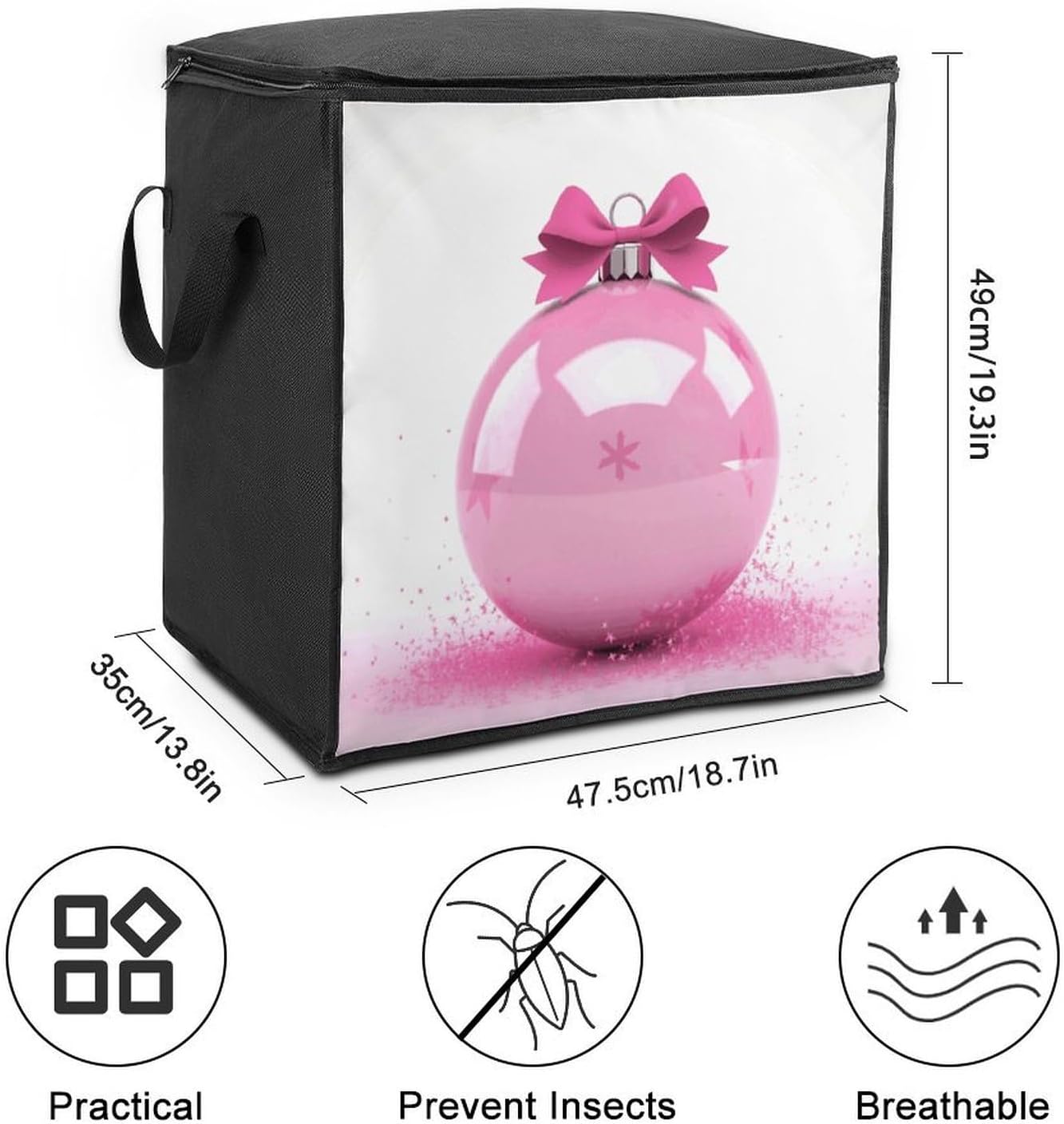 Pink Christmas Ball Storage Bag with Zippers And Handle Extra Large Bedding Comforter Storage Bag Foldable Blanket Storage Bags Fabric Moving Bags for Closet Organizer (70L)