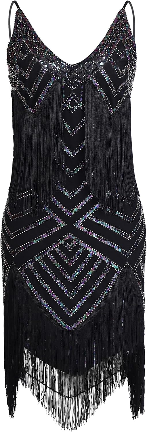 Womens 1920s Flapper Dress,V Neck Great Gatsby Fringe Cocktail Dress with 20s Accessories Set-Roaring 20s Costume