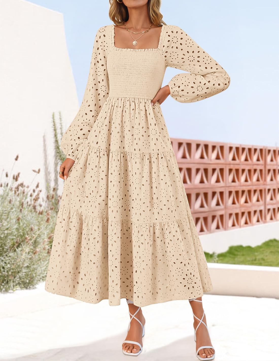 ZESICA Women's Spring Long Sleeve Maxi Dresses 2026 Square Neck Hollow Out Eyelet Smocked A Line Cocktail Party Dress - Image 3