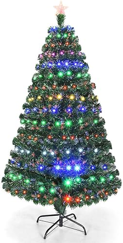 Miniatura 10 de Goplus Árbol de Navidad de fibra óptica preiluminado de 5 pies, árbol de Navidad artificial flocado de nieve blanca con 170 puntas de rama, 170