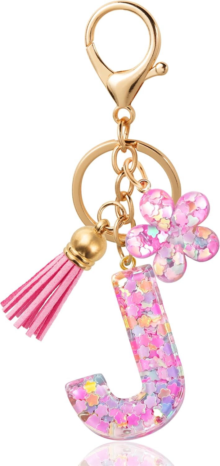 Flower Resin Initial Keychain – Personalized Alphabet Keyring for Women, Girls – Cute Letter Key chain for Bag Charms