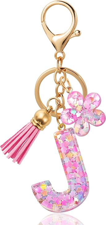 Flower Initial Keychain - Resin Letter Bag Charm for Women, Girls