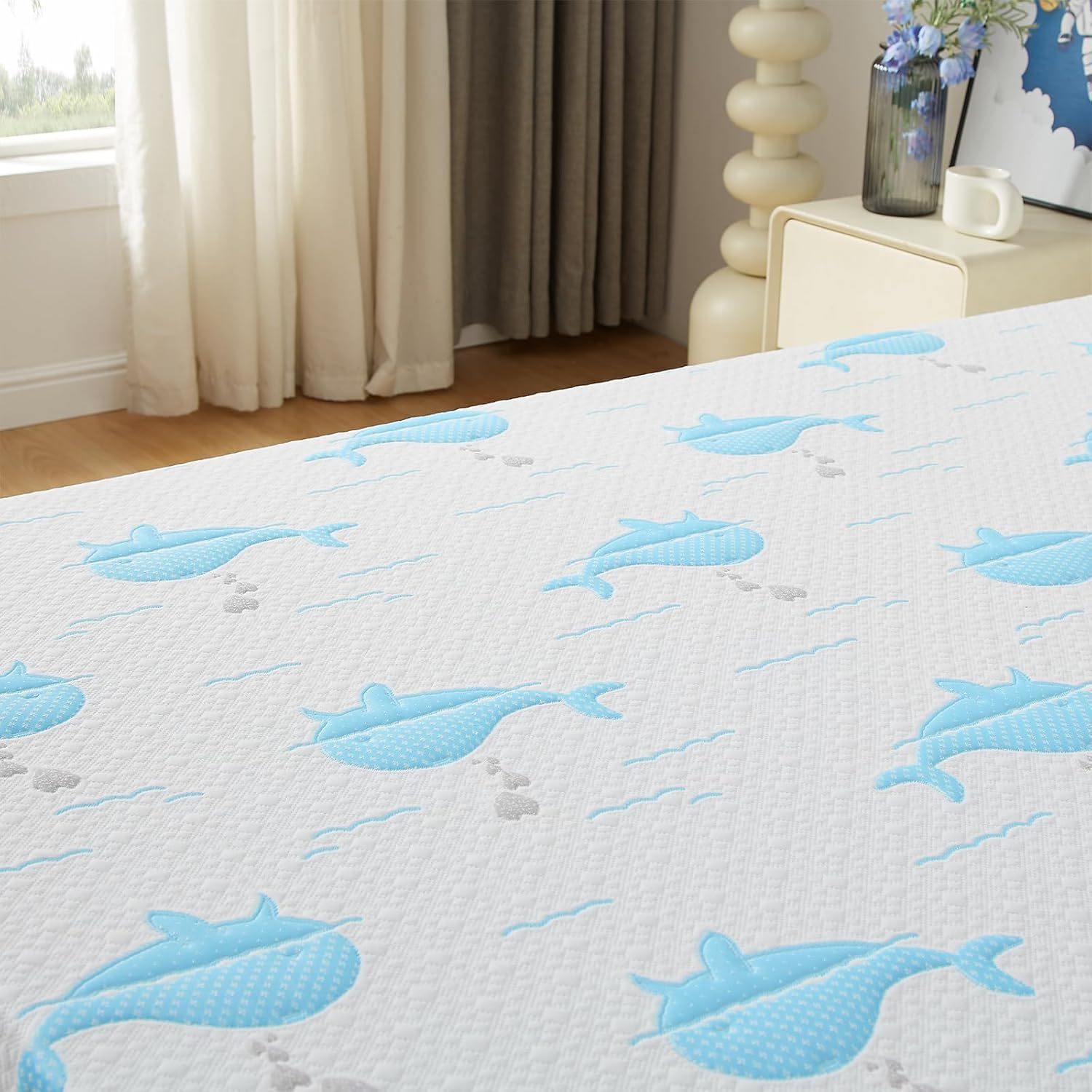 6 Inch Twin Mattress for Kids, Removable Washable Cover with Whales Pattern Cooling Memory Foam Medium Feel, Bed-in-a-Box, CertiPUR-US Certified, Twin, White/Blue