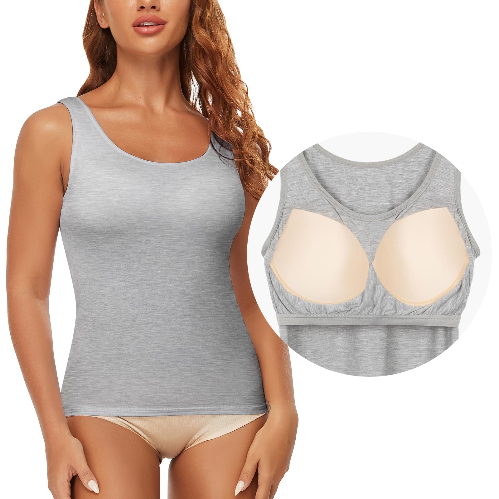 SLIMBELLE Damski biustonosz podkoszulek Basic Tank Tops ze zintegrowanym biustonoszem, szerokie ramiączka, bezszwowa podeszwa, bez fiszbin, wyściełana koszula, okrągły dekolt, koszula z braletką