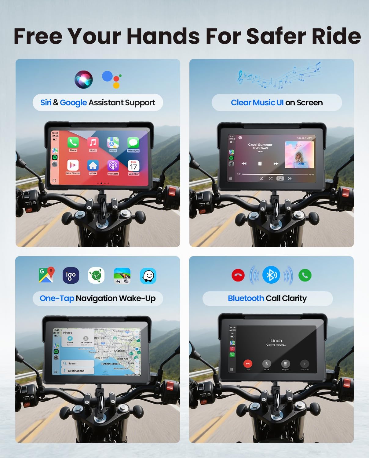 WonVon Motorcycle CarPlay Screen with Android Auto 7” IP68 Waterproof GPS Pantalla para Moto Apple CarPlay Navigation System for Motorcycle Dual 2K Dash Cam Bluetooth Audio & TPMS with Magnetic Mount