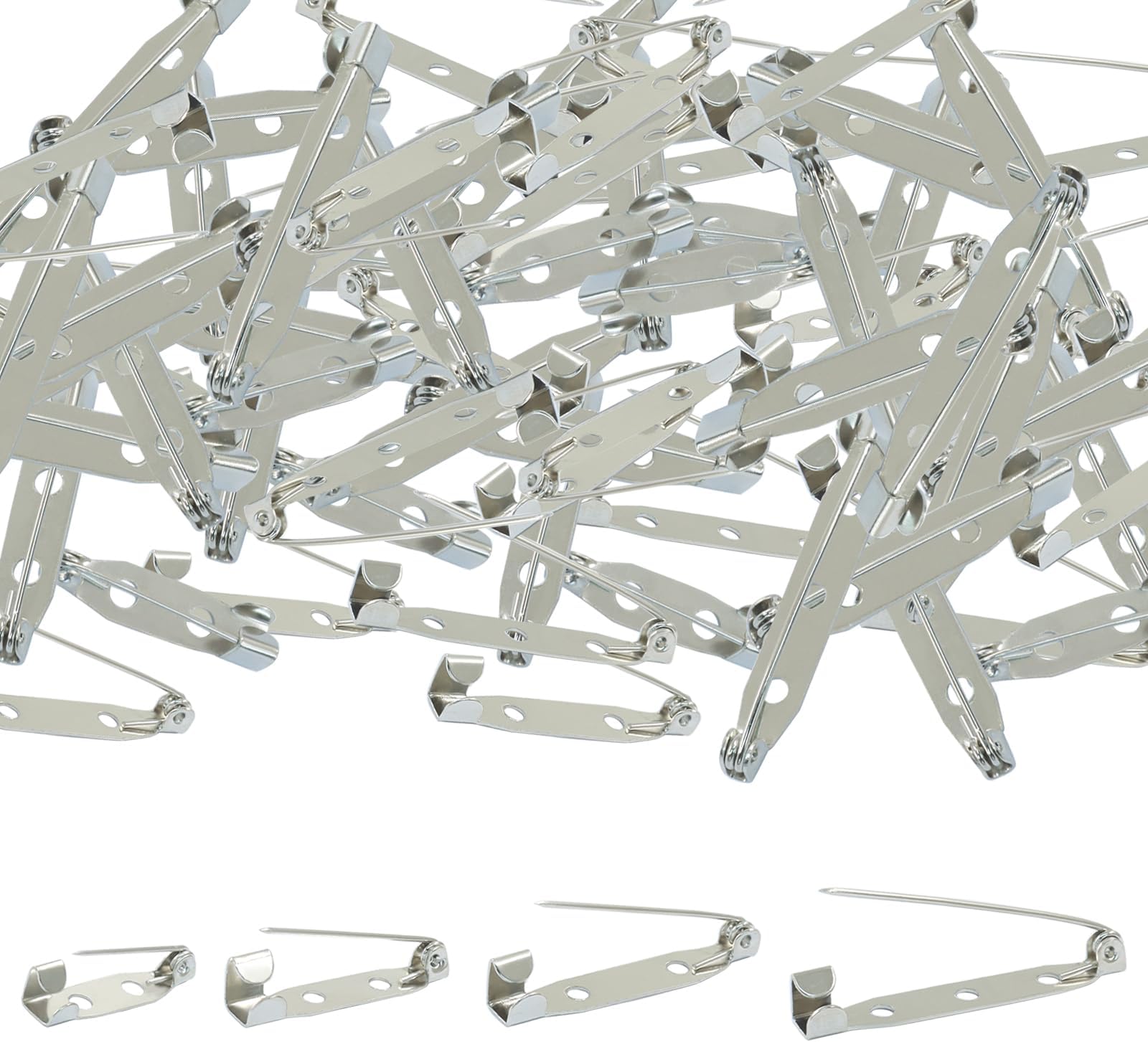 OSVJE 60 Pcs Secure Brooch Pins, Silver Bar Pins Clasp Backings, 4 Sizes （20,25,30,35mm） Pin Badge Backs for Jewelry Making/DIY Accessories
