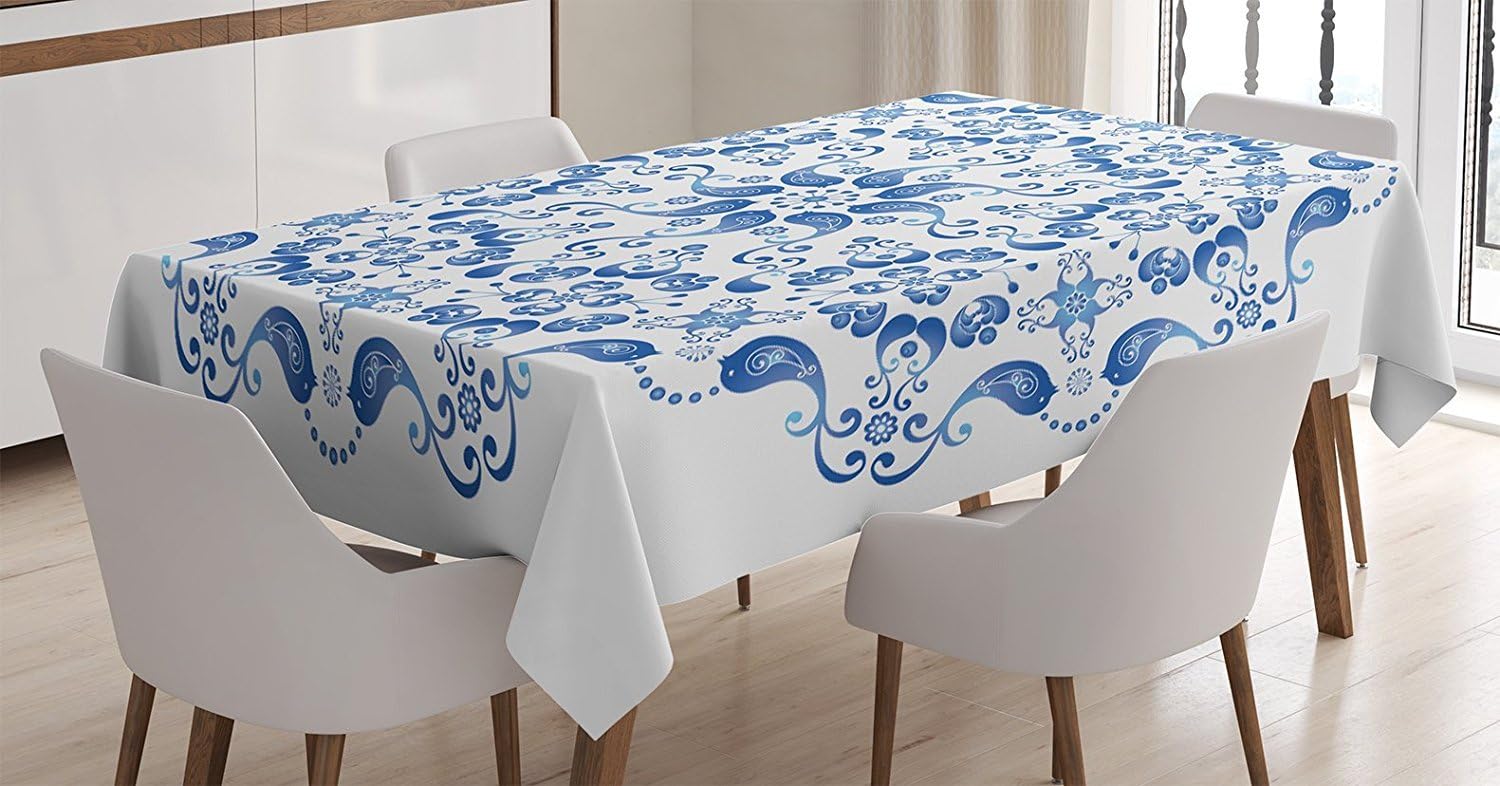 Ambesonne Mandala Tablecloth, Eastern Ottoman Mosaic Ceramic Style Round Shape with Birds Baroque Image, Rectangular Table Cover for Dining Room Kitchen Decor, 60" X 90", White Blue