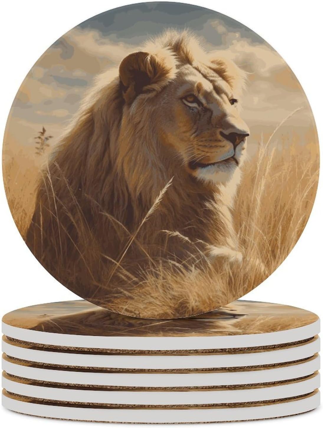 Prairie Lion Coasters for Drinks Absorbing Round Ceramic Stone Coaster with Cork Base Coffee Cup Beverage Table Cup Mat Modern Style Bar Coaster Set for Home Decor