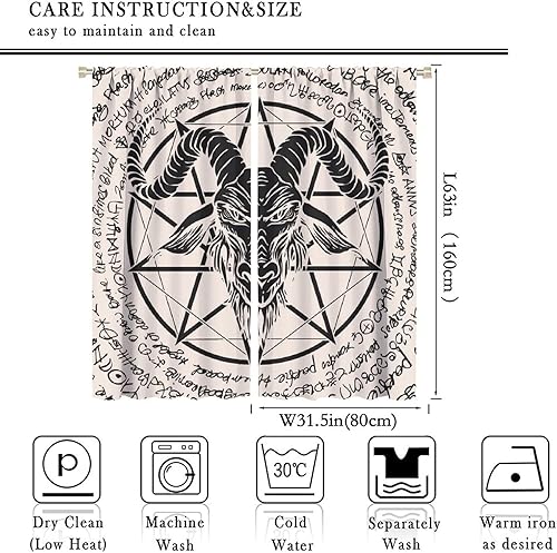 Vista 298 de Cortinas de cabeza de cabra, misteriosa cabeza de cabra malvada, calavera negra, bolsillo para barra, cortinas opacas para ventana, juego de 2