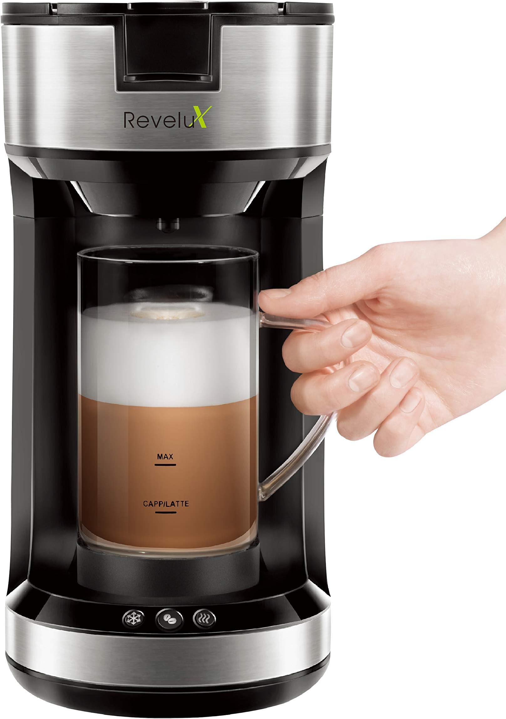 Single Serve Coffee Maker with Milk Frother, Brew and Froth Coffee Maker for Latte, Cappuccino, Single Cup Coffee Maker Compatible with K-Cup Pods and Coffee Grounds, 20 oz Frothing Mug Included