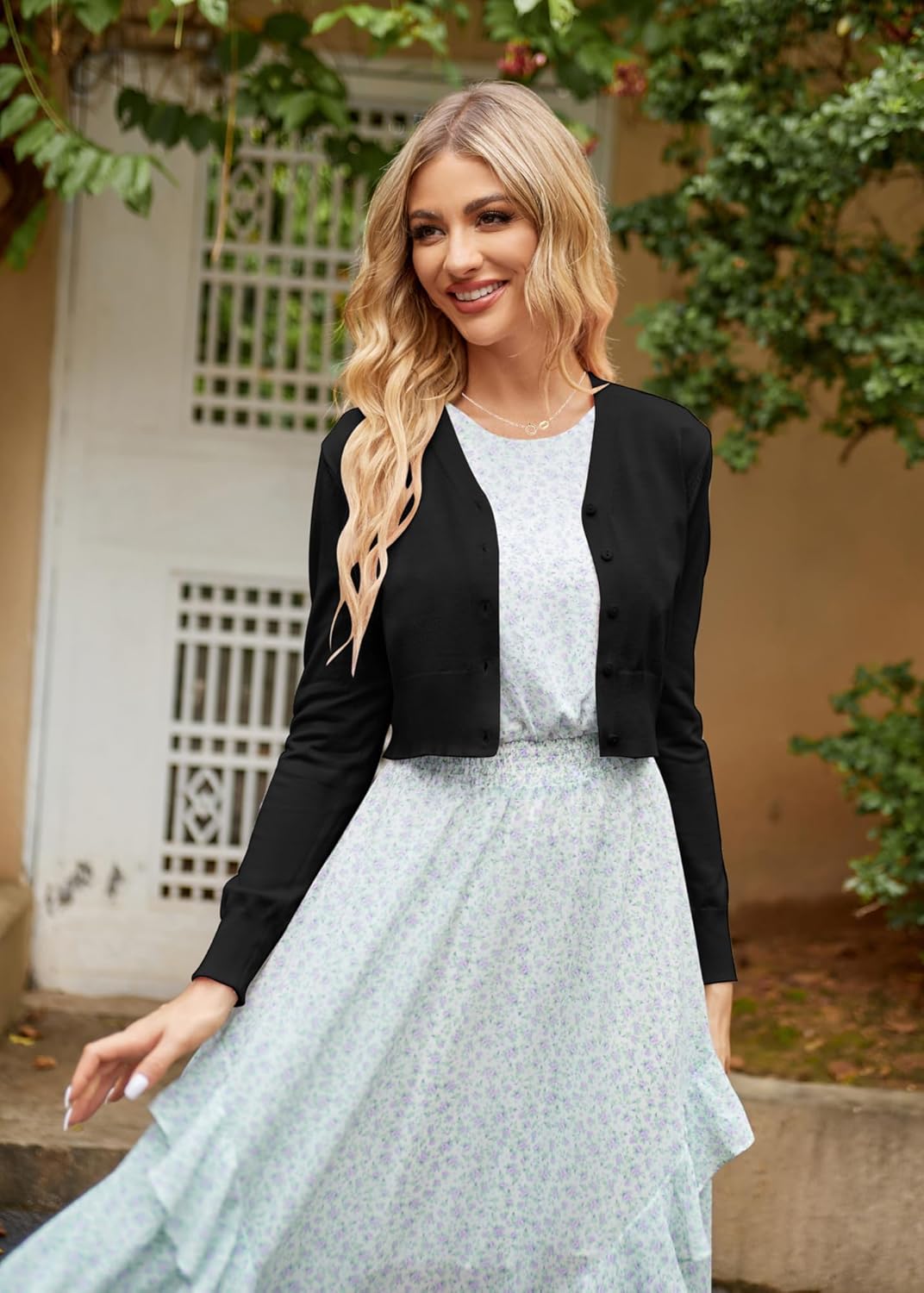 GRACE KARIN Long Sleeve Cropped Cardigan Sweaters for Women Lightweight Button Down V-Neck Open Front Bolero Shrug Jacket Black 3XL - Image 4