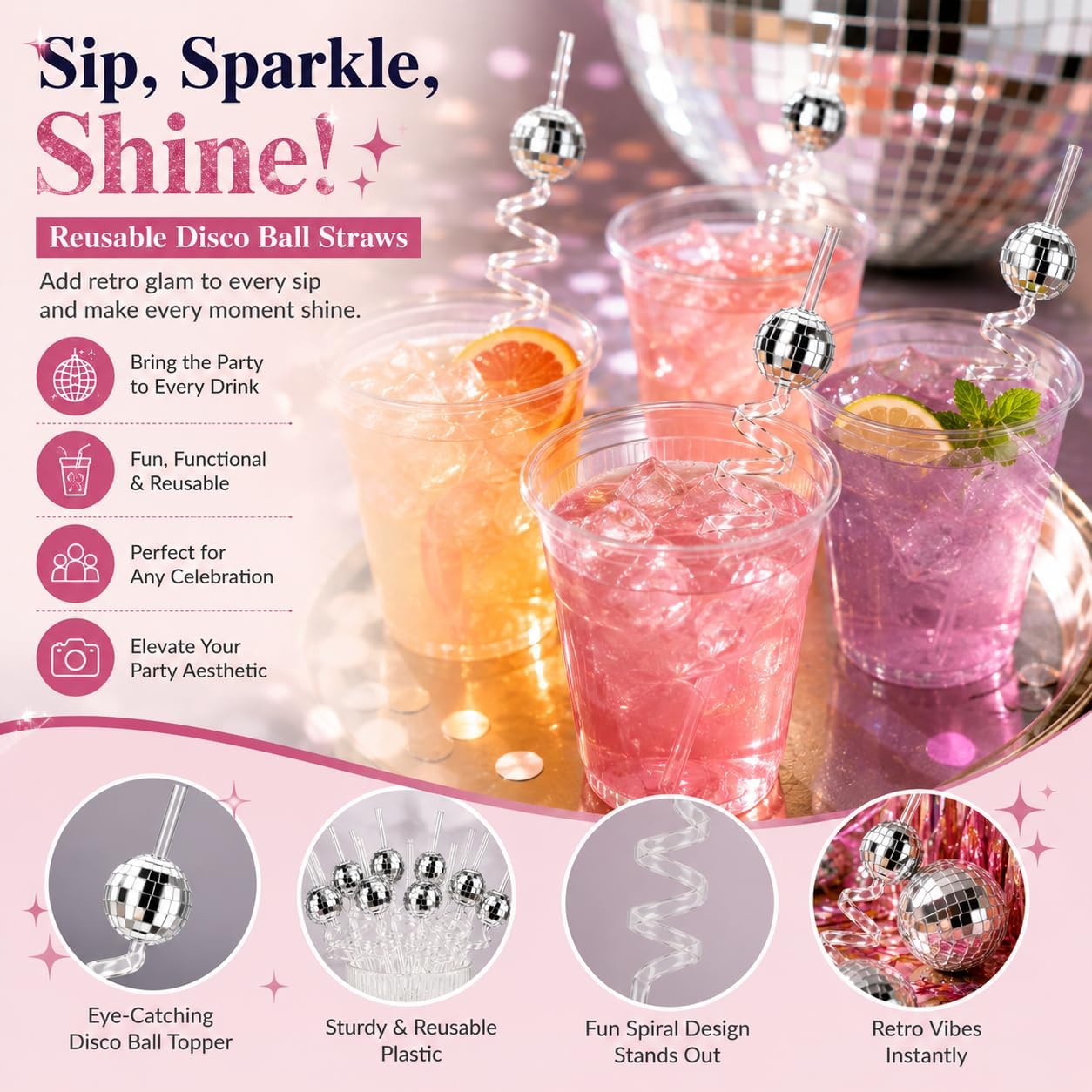 16 Pc Disco Ball Straws Reusable Plastic Silver Mini Party Straws 70s Theme