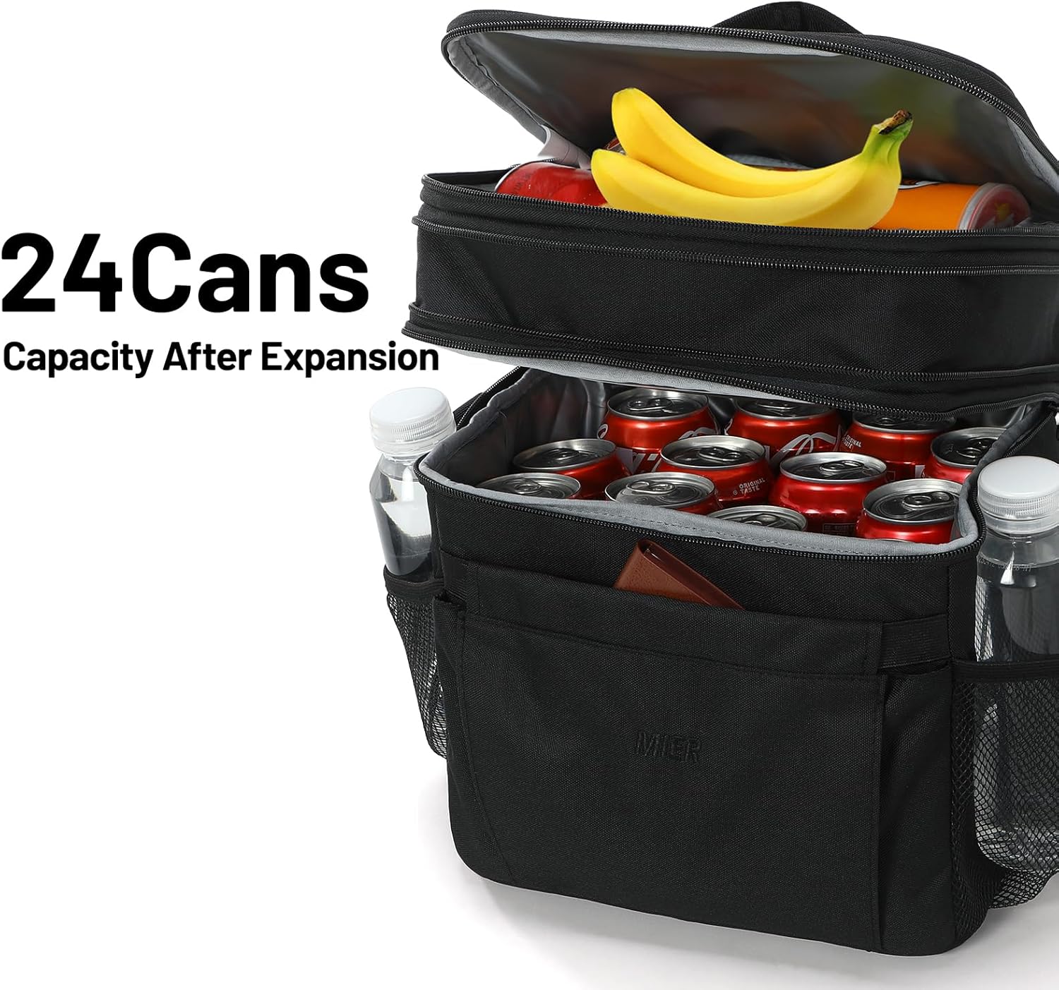 MIER Lunch Box for Men Expandable Insulated Dual Compartment Lunch Bag Leakproof Cooler Bag with Front and Back Pockets for Adult Work Travel Picnic Beach, Black