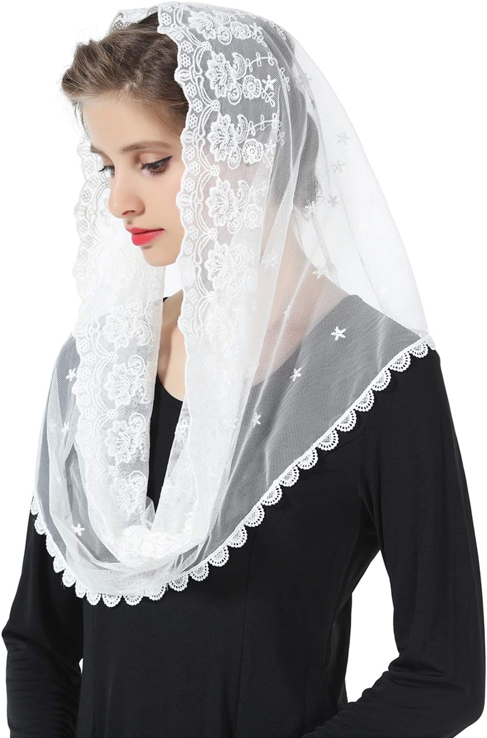 Women Mantilla Veil Catholic Church Chapel Latin Mass Communion Formal Lace Infinity Head Cover Scarf White Black V104