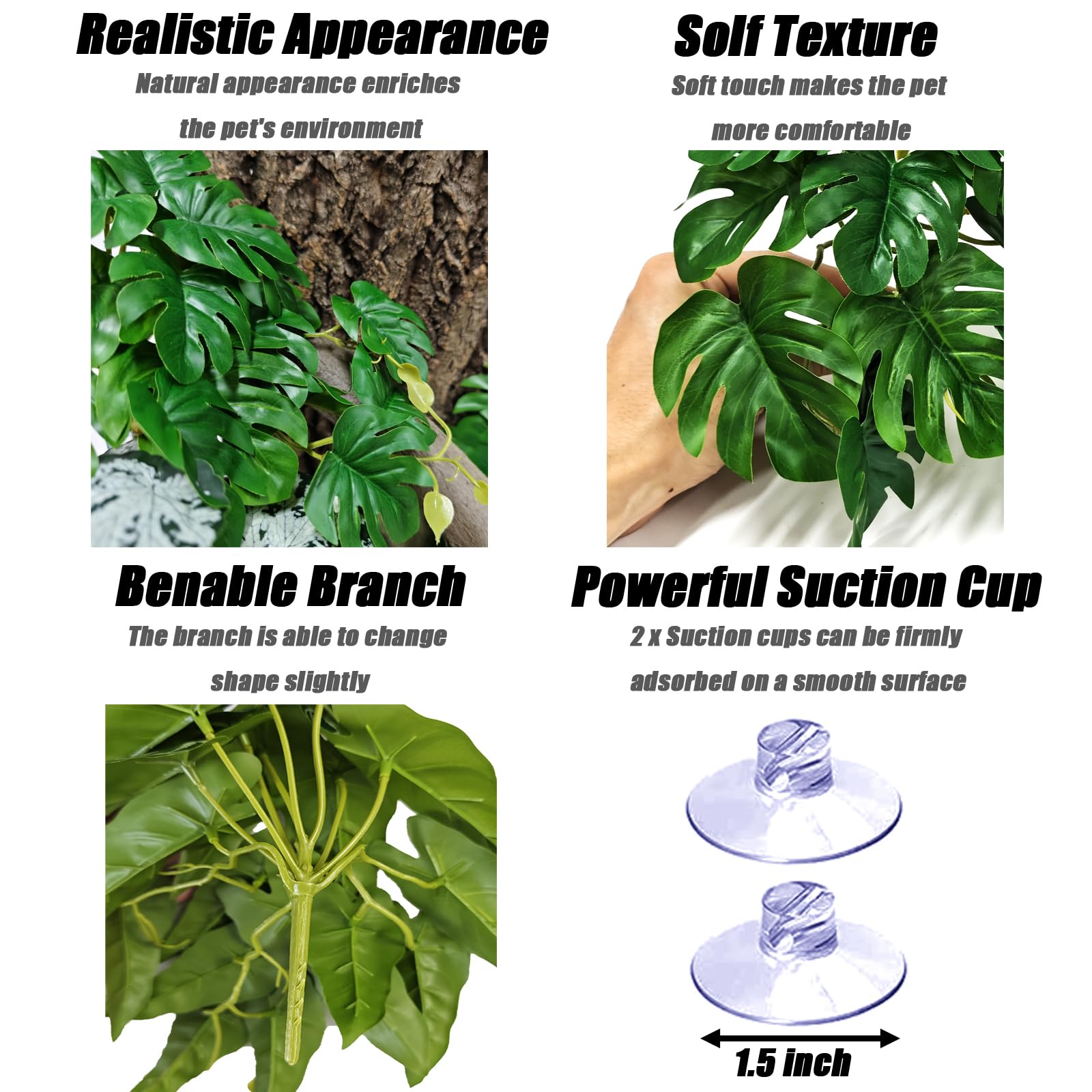 Woyrise Plantas de reptiles para terrario, plantas colgantes artificiales con ventosas, decoración de hábitat de tanque de anfibios, planta de plástico para dragones barbudos, lagartos, serpientes