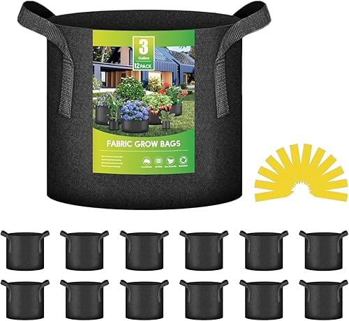 iPower Paquete de 12 bolsas de cultivo de 3 galones, macetas de tela no tejida de aireación gruesa resistente con asas de nailon, para plantar Negro
