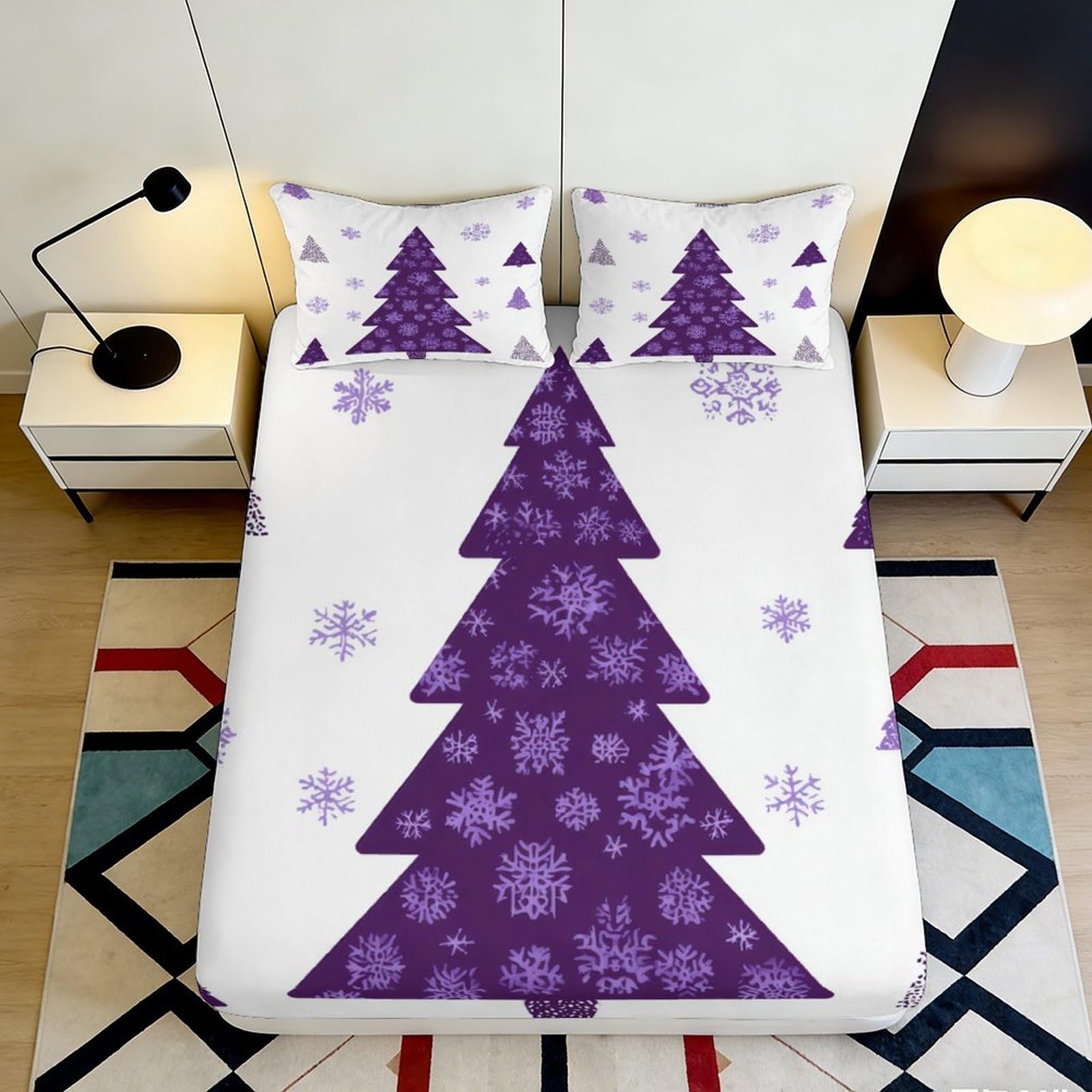 Dhbaneiok Style-6 3D Printed Purple Christmas Tree Fitted Sheet Microfiber Non-Slip Bed Cover Snowflake Design For Bedroom Dorm Decor 90X200x25cm