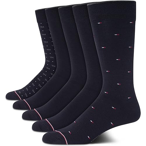 Tommy Hilfiger Men's Dress Socks - 5 Pack Lightweight Patterned Comfort Crew Socks for Men - Mens Long Work Socks (Size 7-12)
