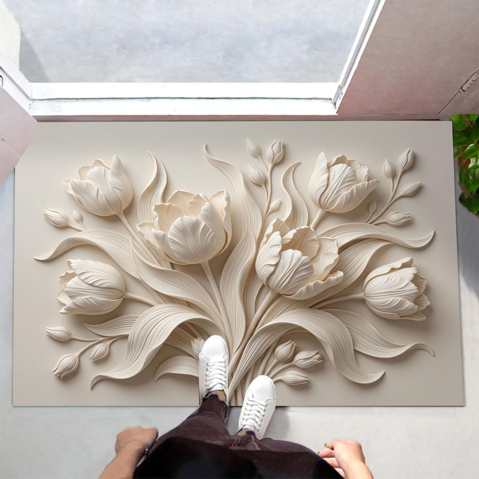 Zerbino Ingresso Interno Rilievo Tridimensionale Un Elegante Tulipano, Zerbino Di Benvenuto Lavabile Morbida Piante Naturali, Antiscivolo Tappeto Da Decorazioni Beige Per Casa Porta, 60X90Cm