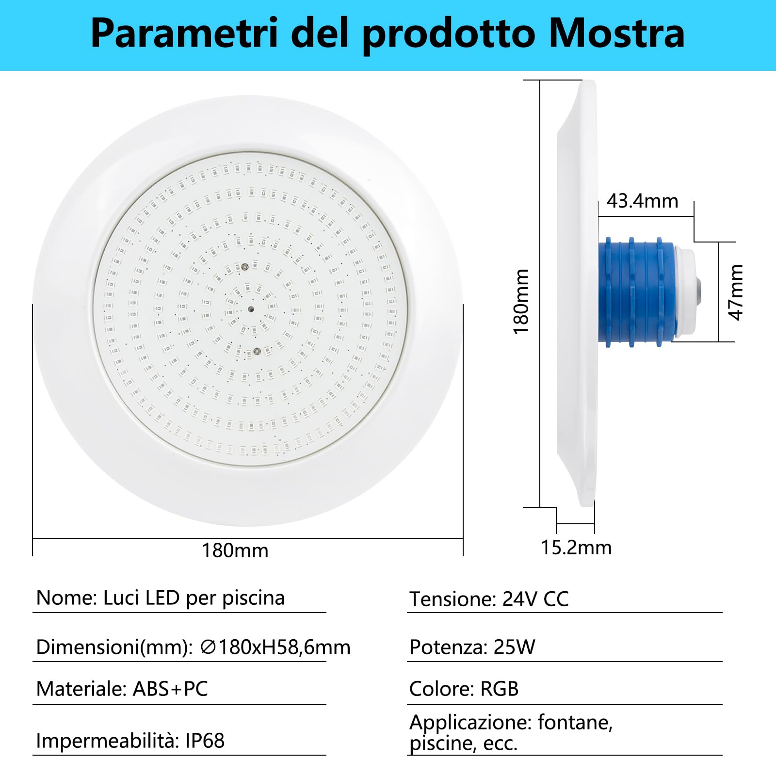 COOLWEST Proiettore Piscina LED con Filettatura 1 1/2", 25W Lampade Piscina RGB Multicolore con Telecomando, Ø180mm, 24V DC IP68 Impermeabile Luci per Piscinas Cemento SPA