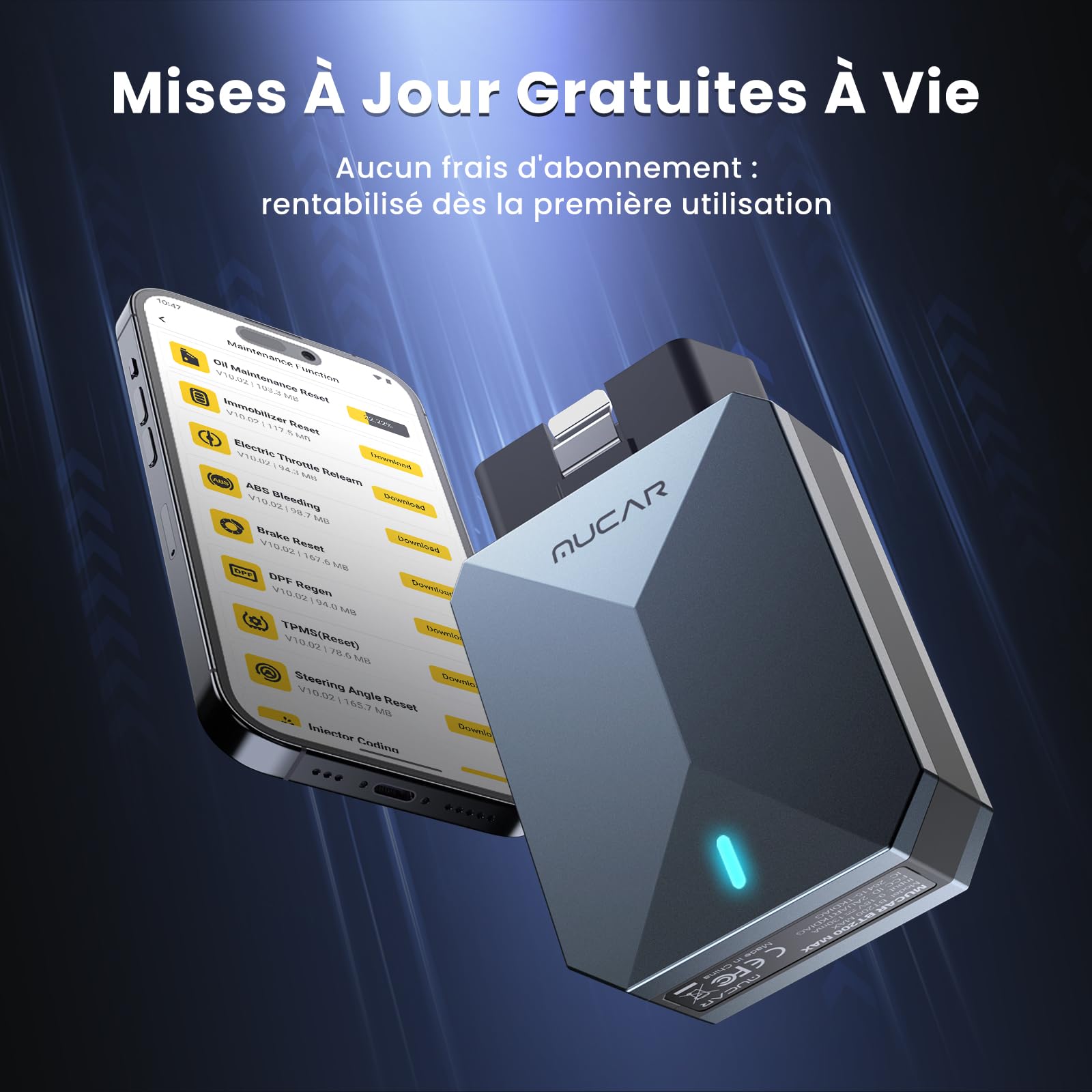 MUCAR BT200 MAX Assisté par l'IA Valise Diagnostic Voiture Bluetooth, Prise en Charge ELM327, Diagnostic Complet du Système avec Tests D'action Bidirectionnels, 15 Fonctions Maintenance, Gratuit à Vie