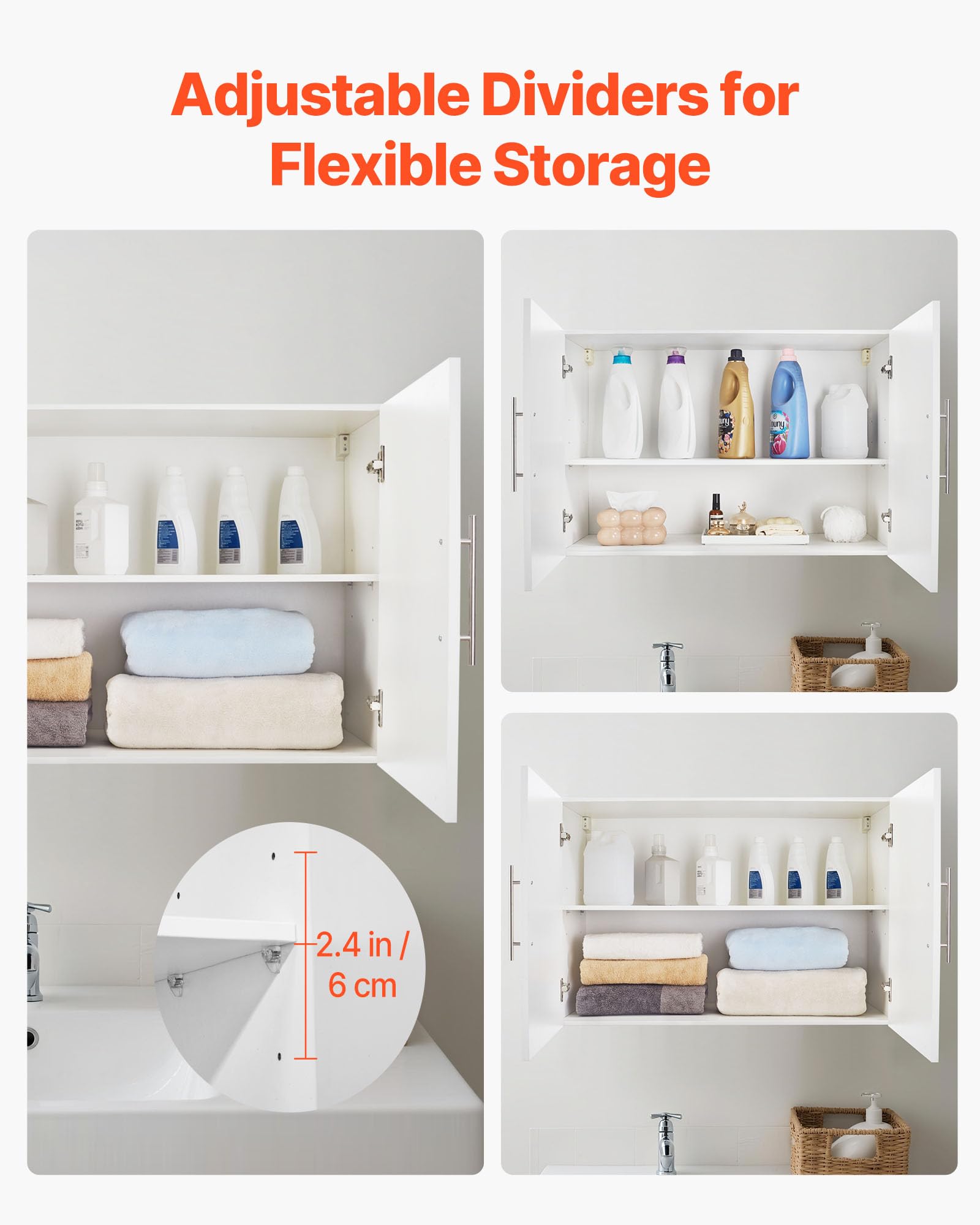 VEVOR Wandschrank für Waschküche, 2-stöckiger Wandhängeschrank mit Verstellbarer Ablage, Küchenschrank mit 2 Türen, für Küche Bad Wäscherei, 40,6 x 91,4 x 61 cm (T x B x H), Oberschrank Weiß