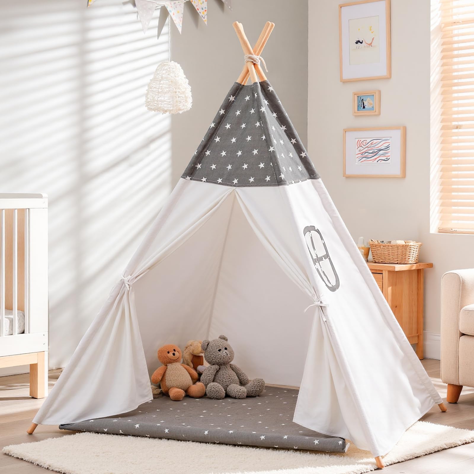 Sumbababy Kids Teepee Tents Indoor: Toddler Tipi Play Tents Cotton Large with Window Foldable Off-White Playhouse Toys House for Grils Boys Birthday Gift