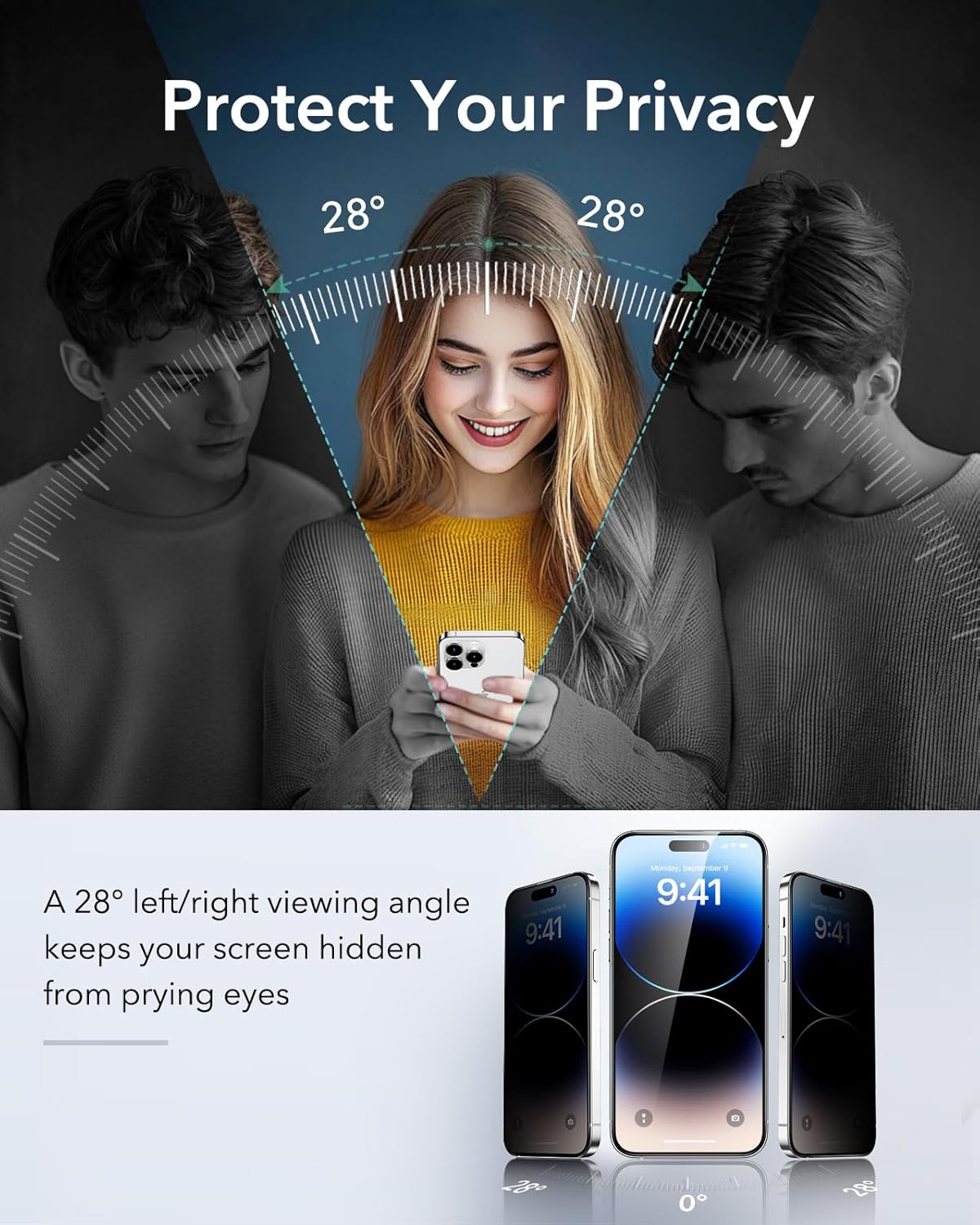 ESR 3 Pack for iPhone 14 Pro Max Privacy Screen Protector, Military Grade Shatterproof, 9H Hardness, Anti-spy Tempered Glass with UltraFit Tray - Image 3