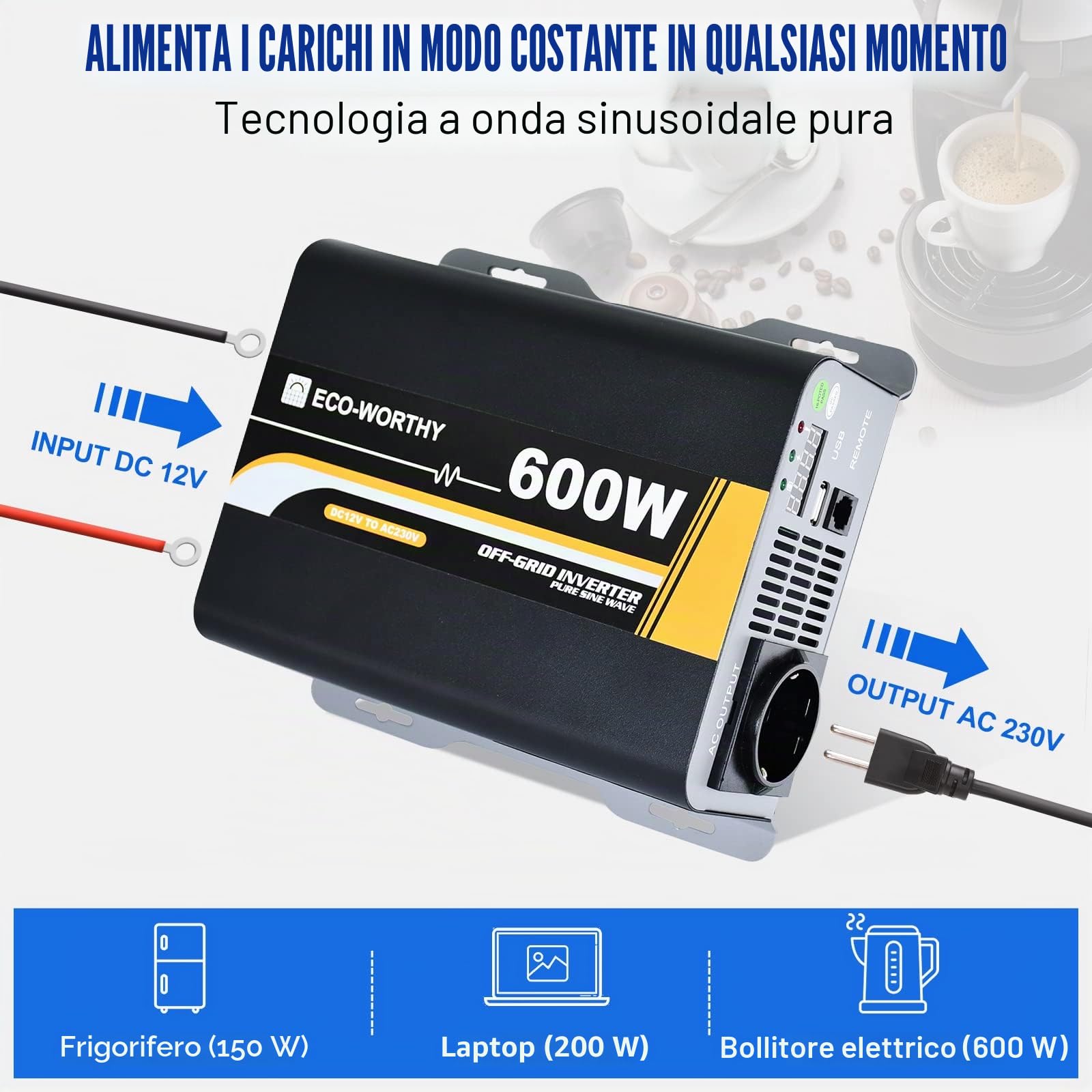 ECO-WORTHY 600 W, 12 V-230 V, AC off-grid, inverter sinusoidale DC con telecomando e fusibile e per auto, camper, veicoli da campeggio e sistemi solari