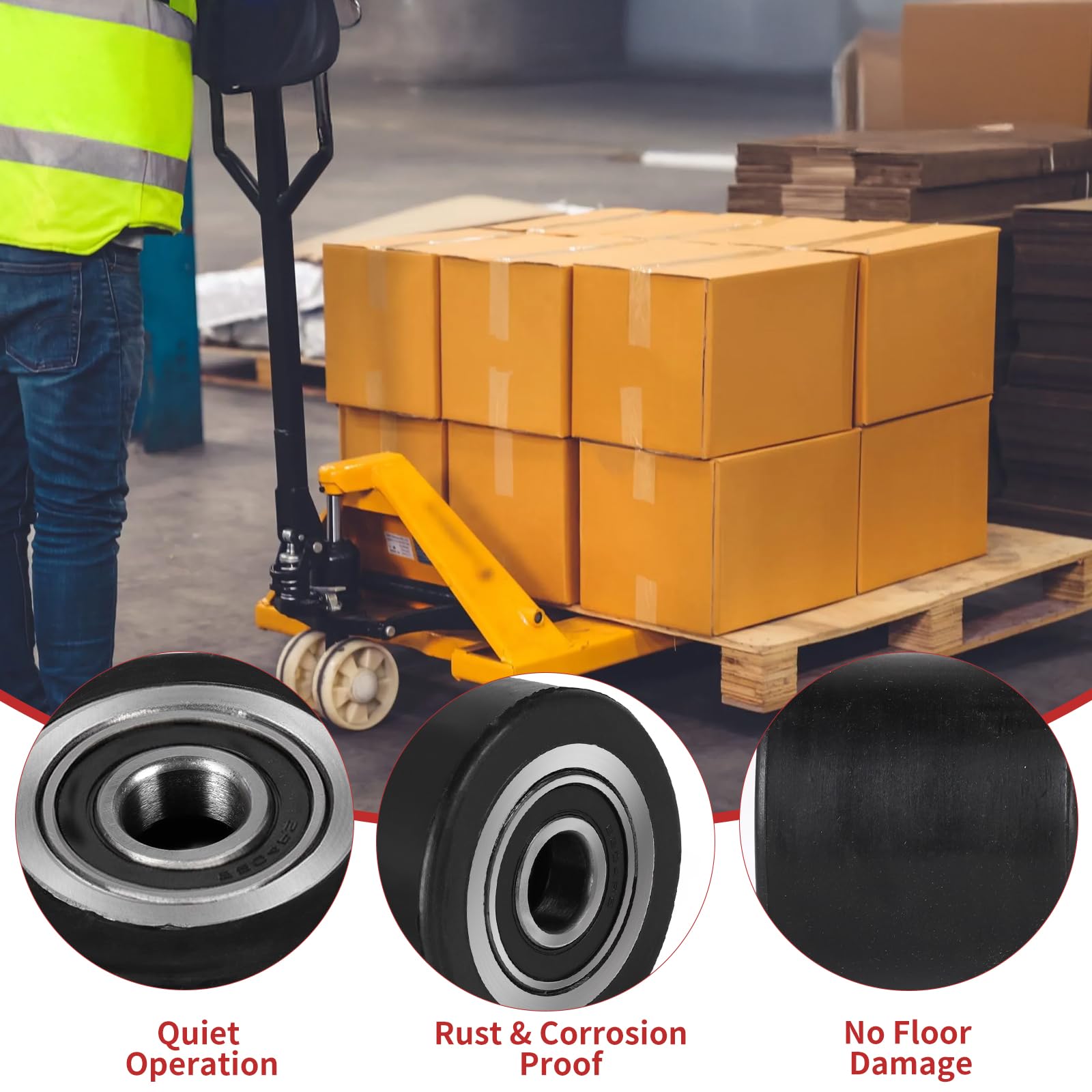 SWAWIS 4 pezzi Ruote Transpallet in Gomma Transpallet Manuale 80 x 70mm Asse 20 mm Ammortizzazione e Resistenza all'usura con Cuscinetti a Sfera Ruota Carico Massimo 600 KG