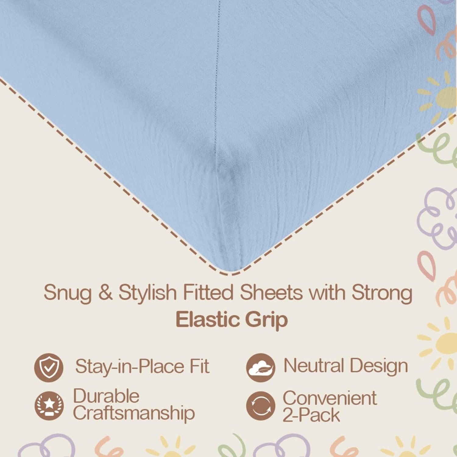 Mre & Moi Muslin Fitted Crib Sheets: 2 Pack - Light Blue & Cream - 28x52", 100% Cotton, Oeko-TEX, Soft & Breathable, Baby & Toddler Mattress Bedding image 3