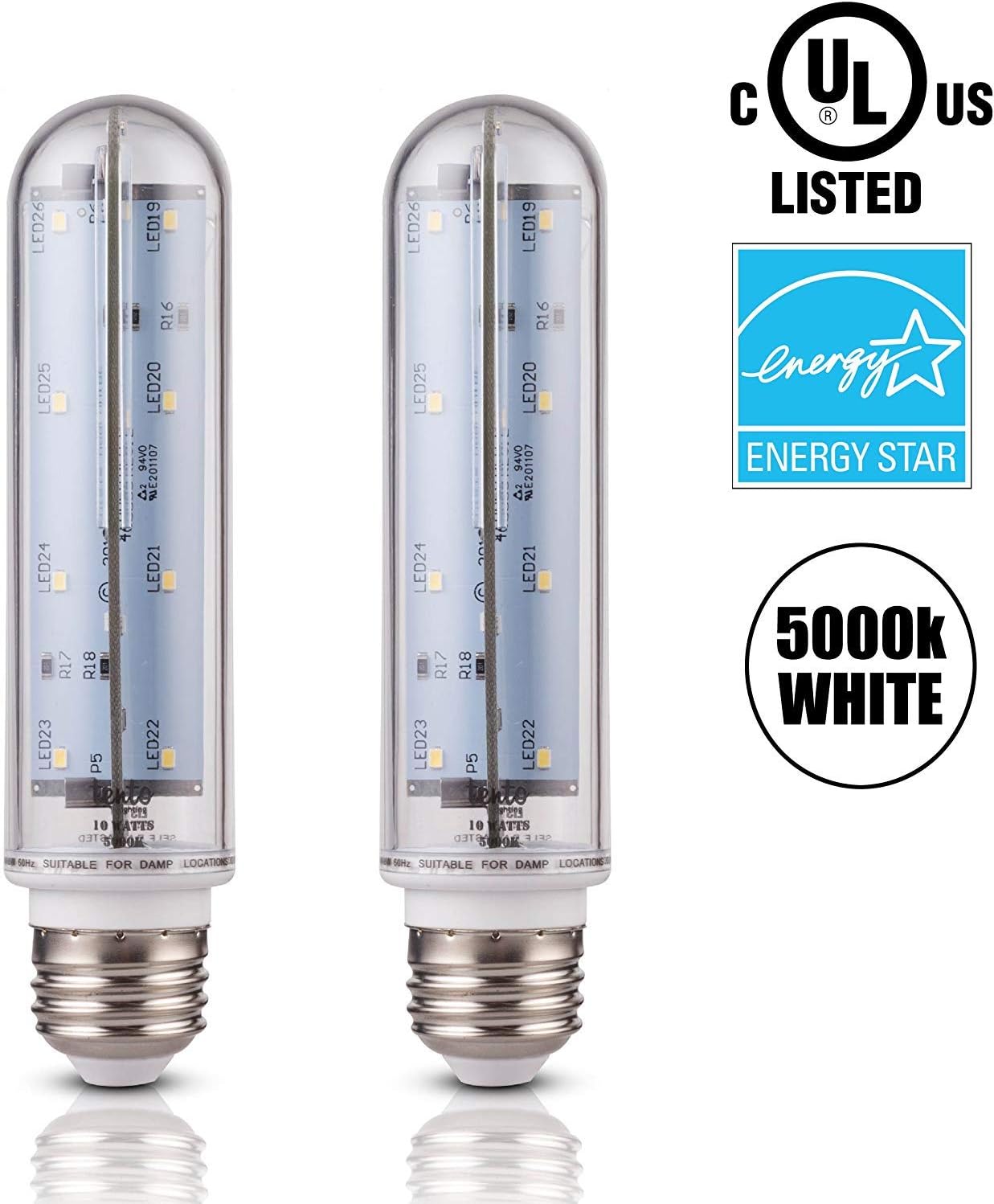 tento Lighting T10 LED Bulb 60W Clear Tubular, E26 Medium Base, Sub Zero Fridge and Freezer Lightbulb Replacement Aquarium UL Listed Energy Star Piano Long E26 Refrigerator Bulb (5000k)