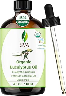 SVA Eucalyptus Essential Oil Organic – 4 Fl Oz – 100% Natural Organic Eucalyptus Oil - for Diffuser, Hair, Face, Skin Care, Aromatherapy, Scalp and Body Massage, Soap and Candle Making - with Dropper