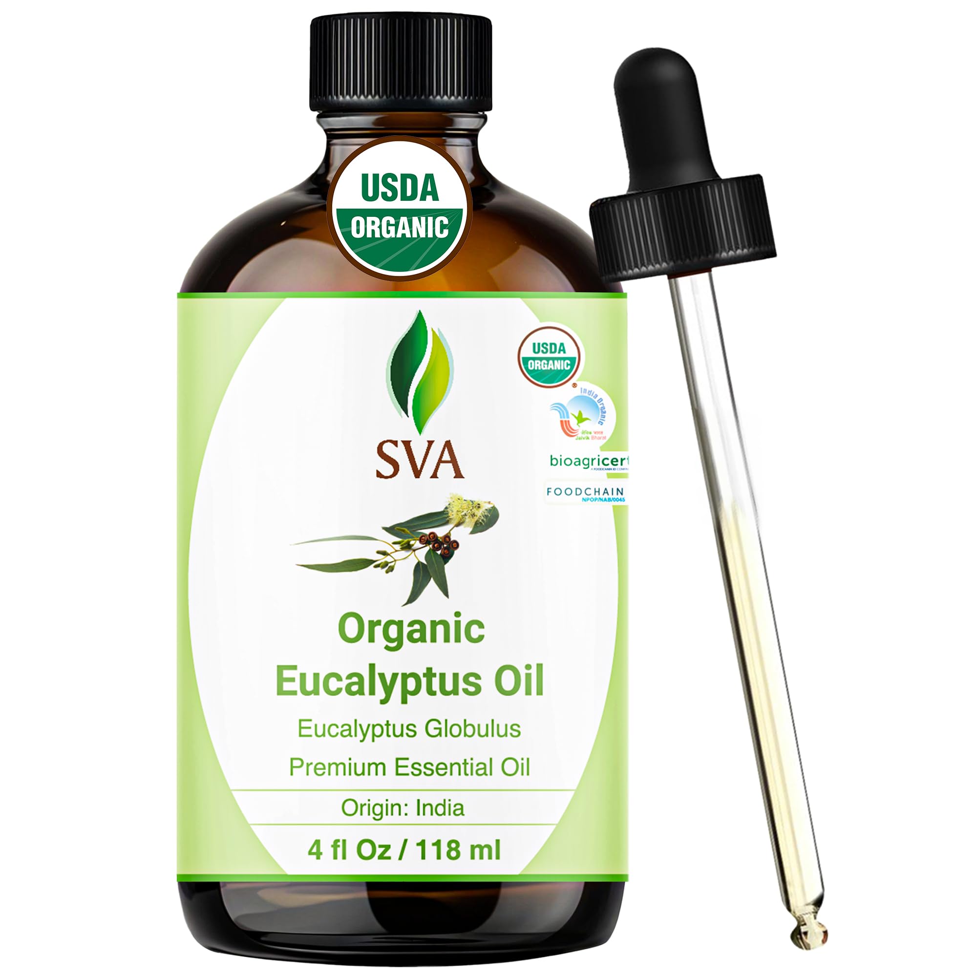 SVA Organics Eucalyptus Essential Oil Organic 4 Oz USDA with Dropper 100% Pure Natural Undiluted Premium Therapeutic Grade Oil for Diffuser, Aromatherapy, Face, Body & Hair Care