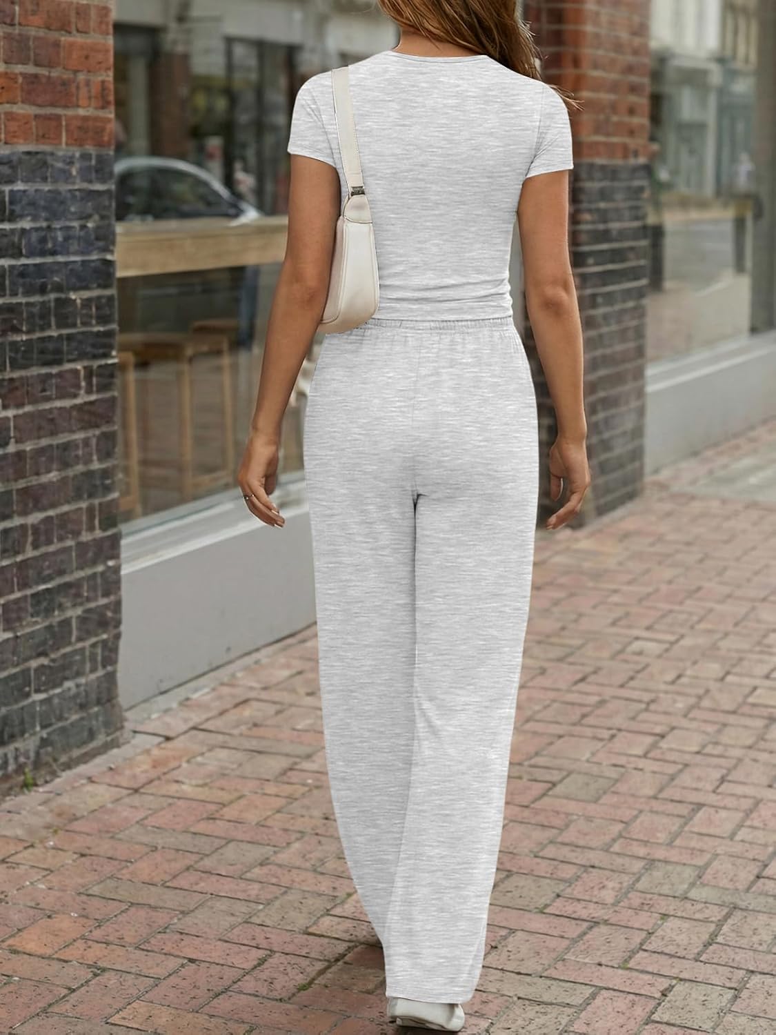 Trendy Queen Women's 2 Piece Matching Lounge Sets Summer Henley Neck Slightly Crop Top Wide Leg Pants Casual Sweat Suit - Image 4