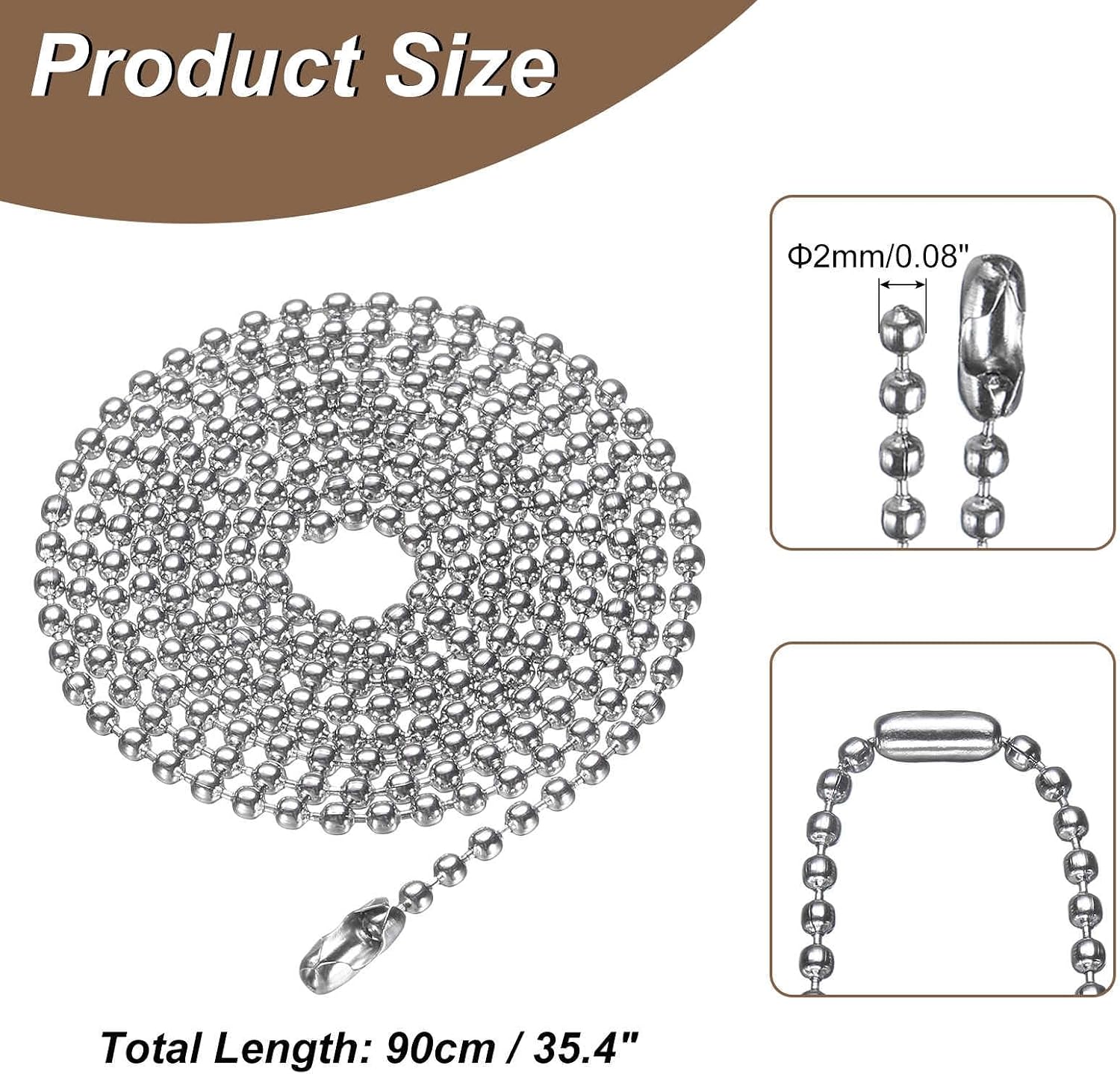 HARFINGTON Stainless Steel Ball Chain 2.0mm 35.4" Length 316L Round Bead Necklace Dog Tag Pull Chains with Connectors Clasps for Men Women Jewelry Making Bracelets Keychain, Silver image 2